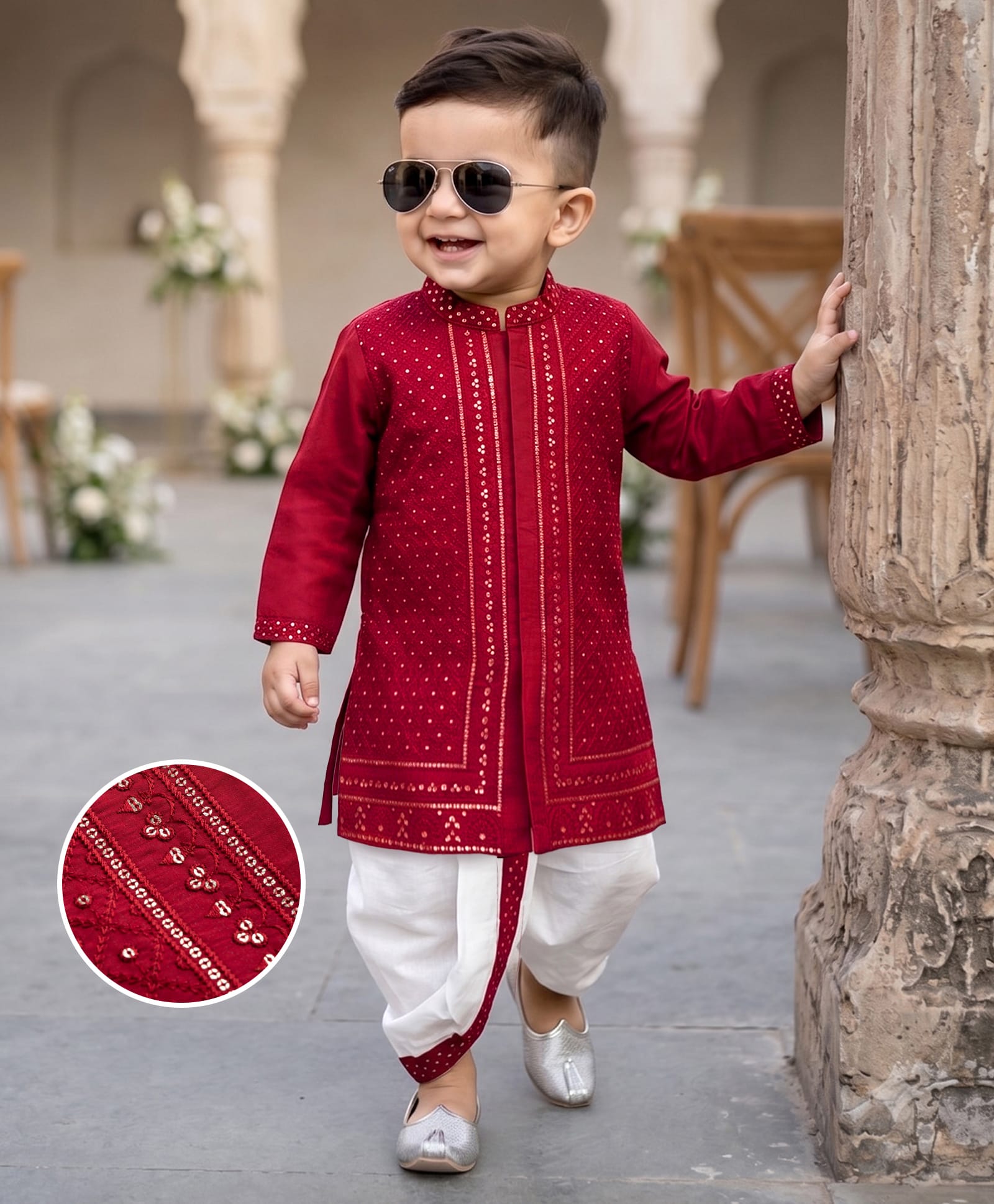Babyhug Woven Full Sleeves Sequinned Kurta Dhoti Set - Red-image-18