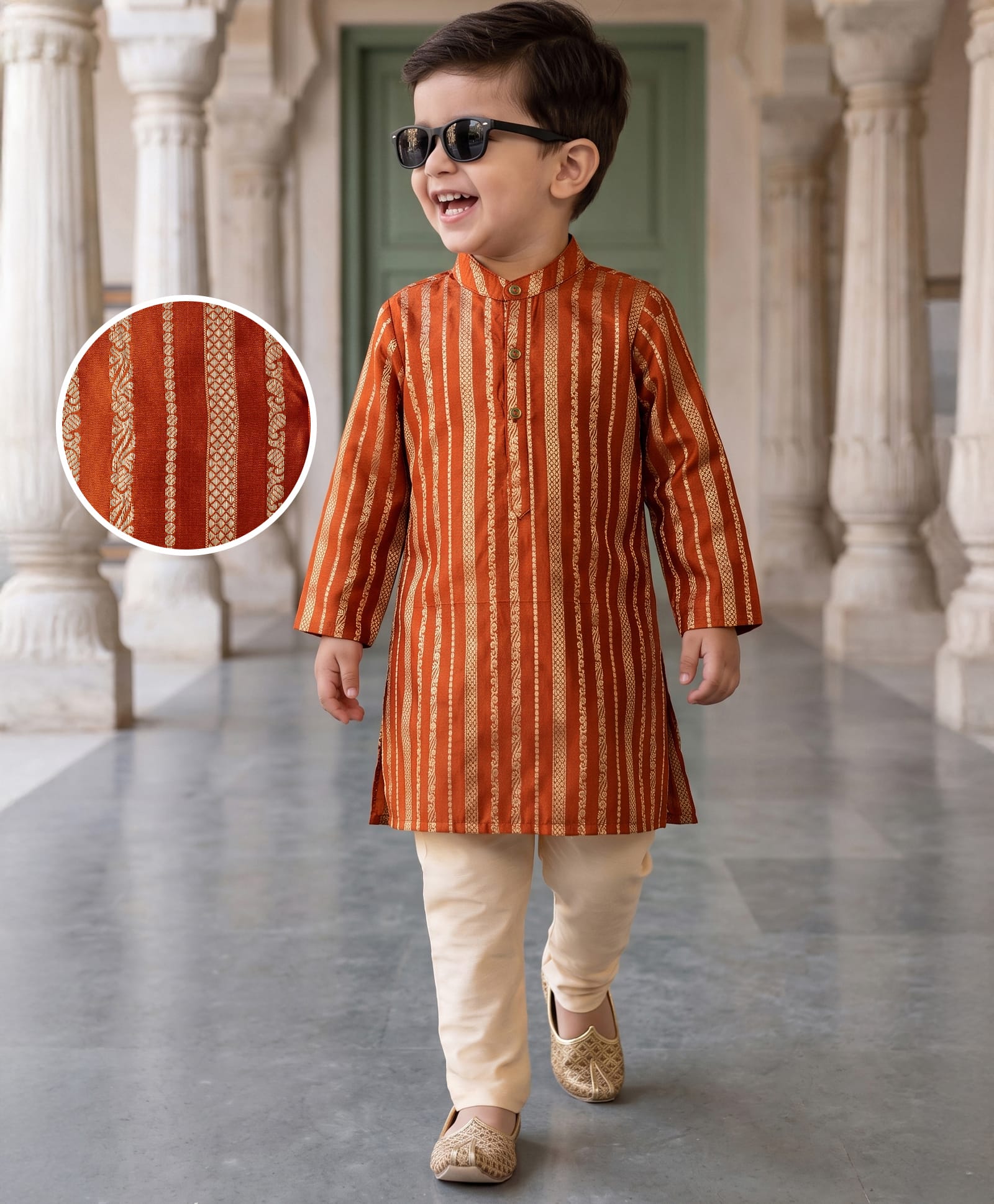 Babyhug Woven Full Sleeves Striped Kurta & Pyjama Set - Orange-image-15