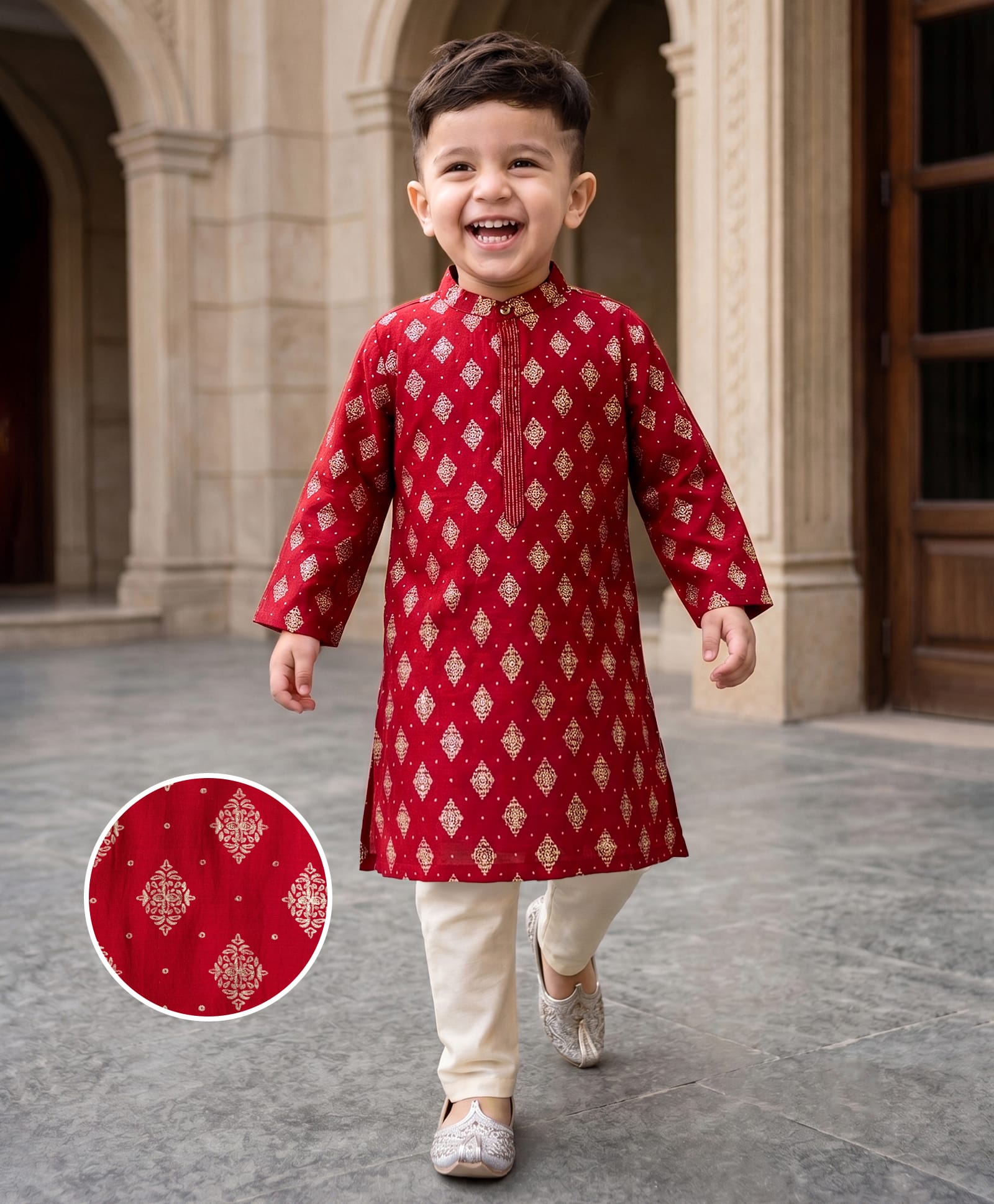 Babyhug Woven Full Sleeves Floral Foil Printed Kurta Pyjama Set - Red-image-44