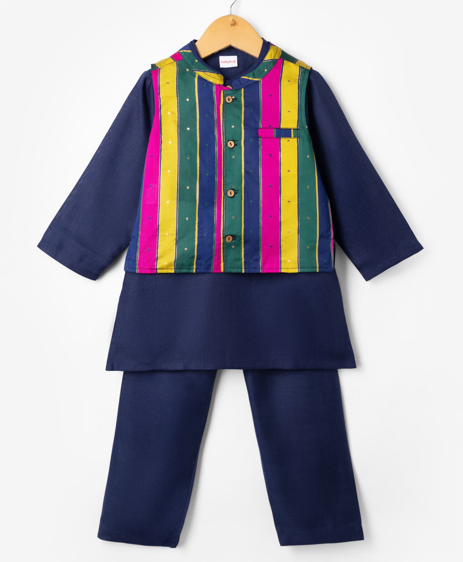 Babyhug Diamond Cotton Woven Solid Kurta Pyjama Set With Brocade Jacket - Navy-image-3