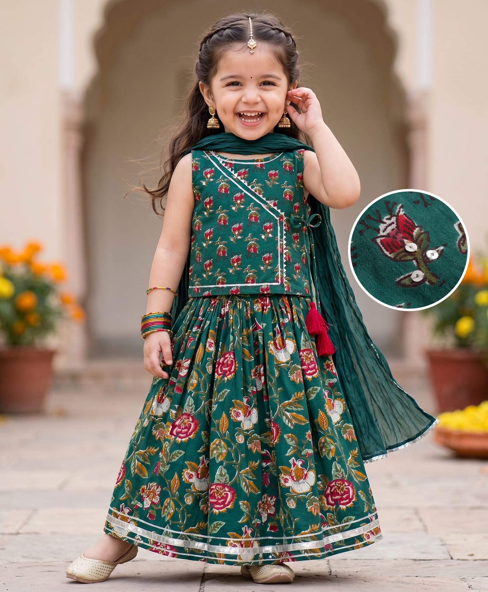 Babyhug 100% Cotton Woven Sleeveless Floral Printed Choli Lehenga Set With Dupatta - Green-image-47