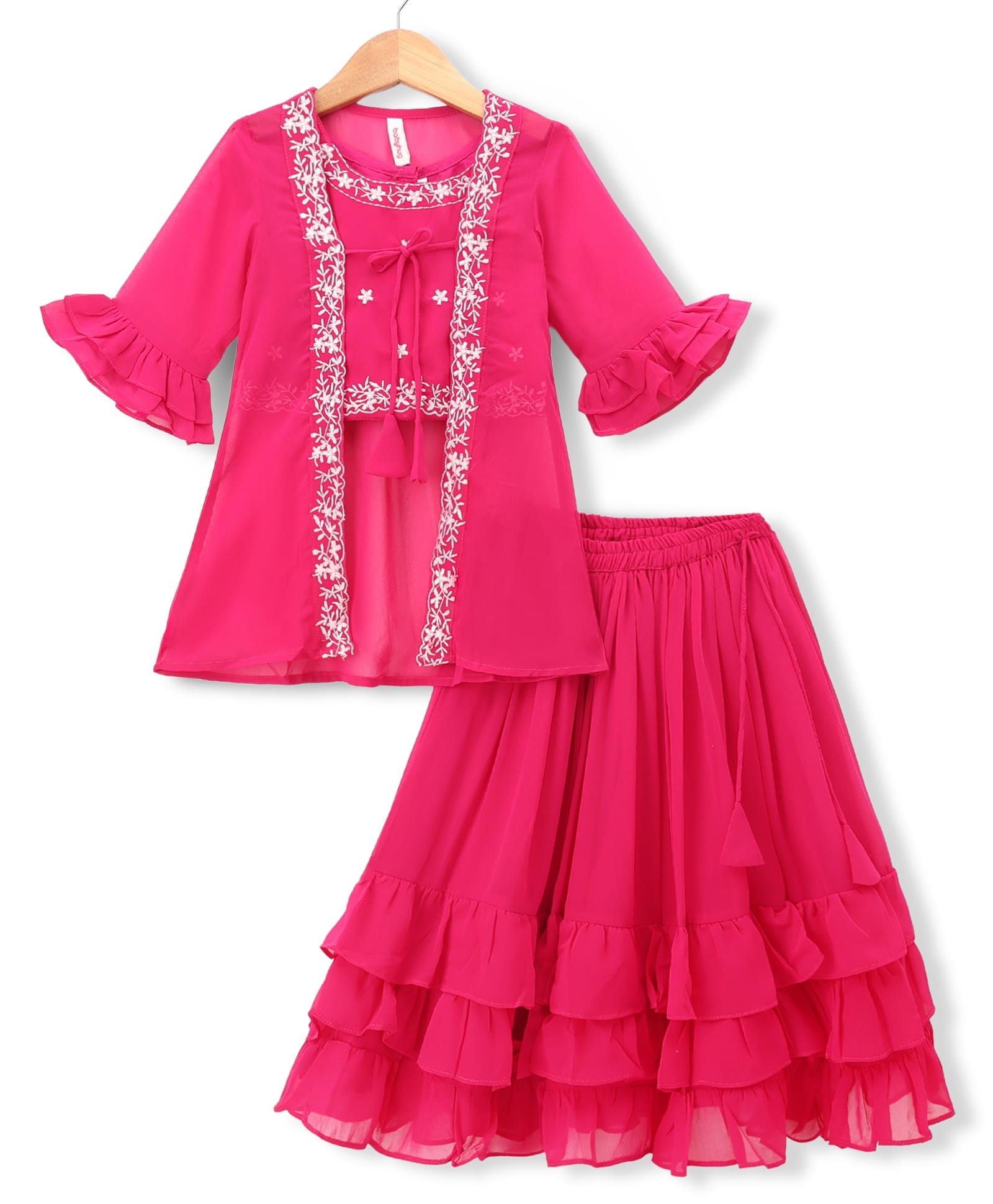 Babyhug Georgette Woven Three Fourth Sleeves Floral Embroidered Lehenga Choli and Jacket Set - Pink-image-48