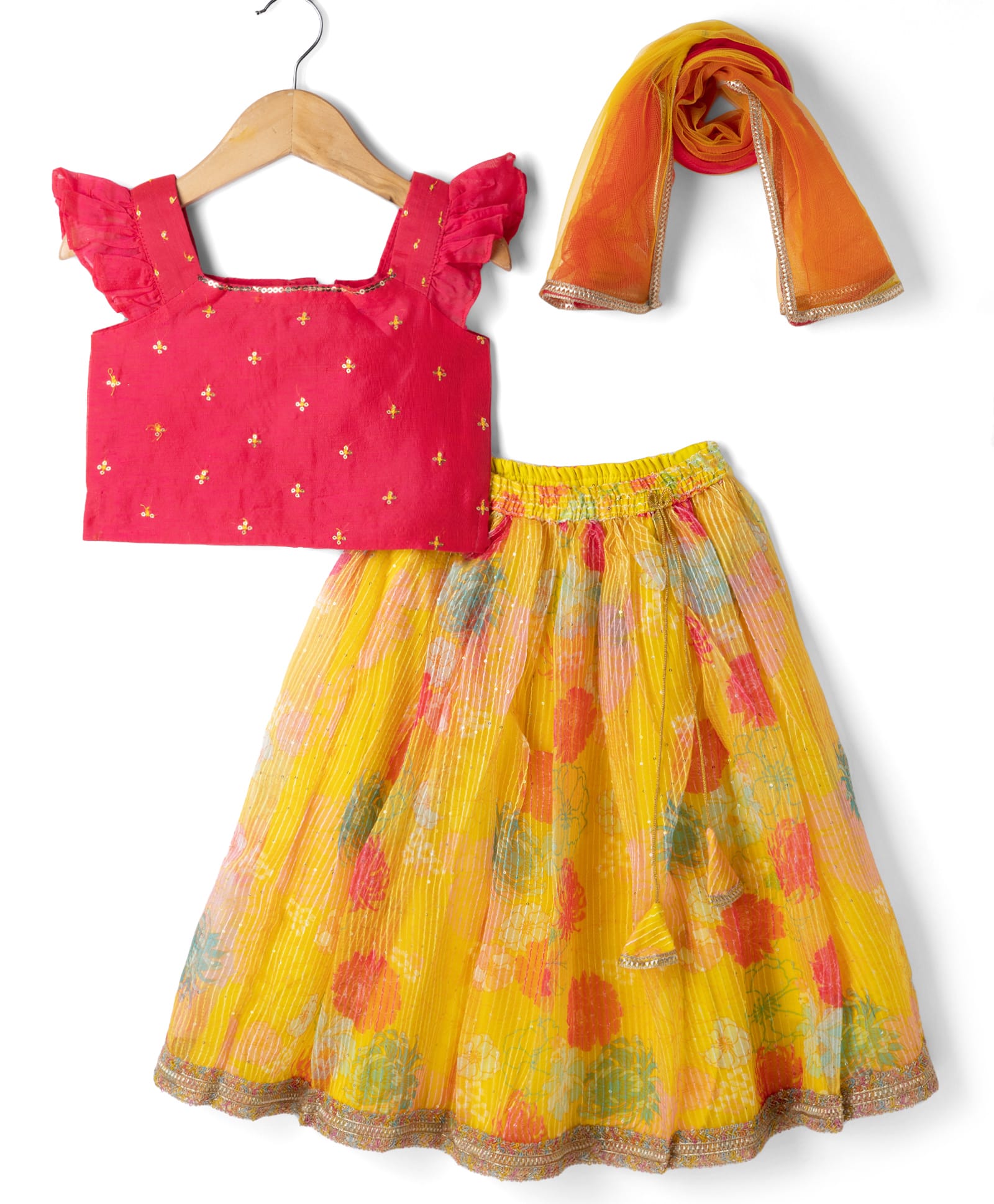Babyhug Organza Woven Frill Sleeves Sequinned & Floral Printed Choli Lehenga & Dupatta Set - Red & Yellow-image-46