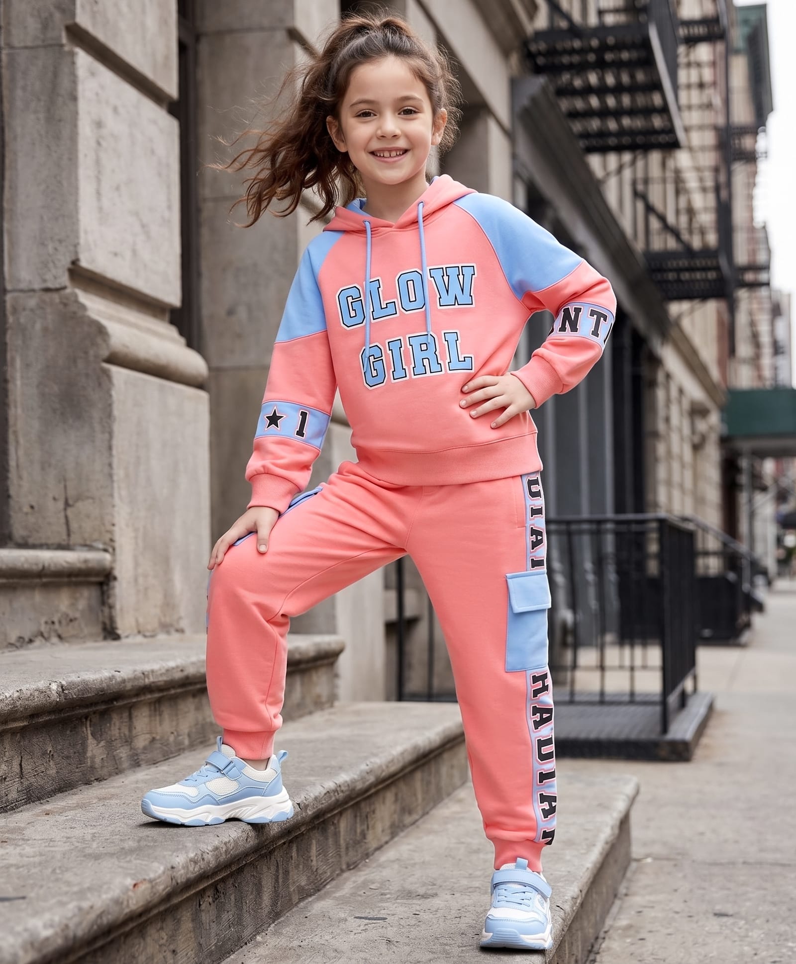 OLLINGTON ST. Set Of Cotton Knit Text Printed Winter Wear Hooded Sweatshirt & Joggers Set - Pink-picture-29