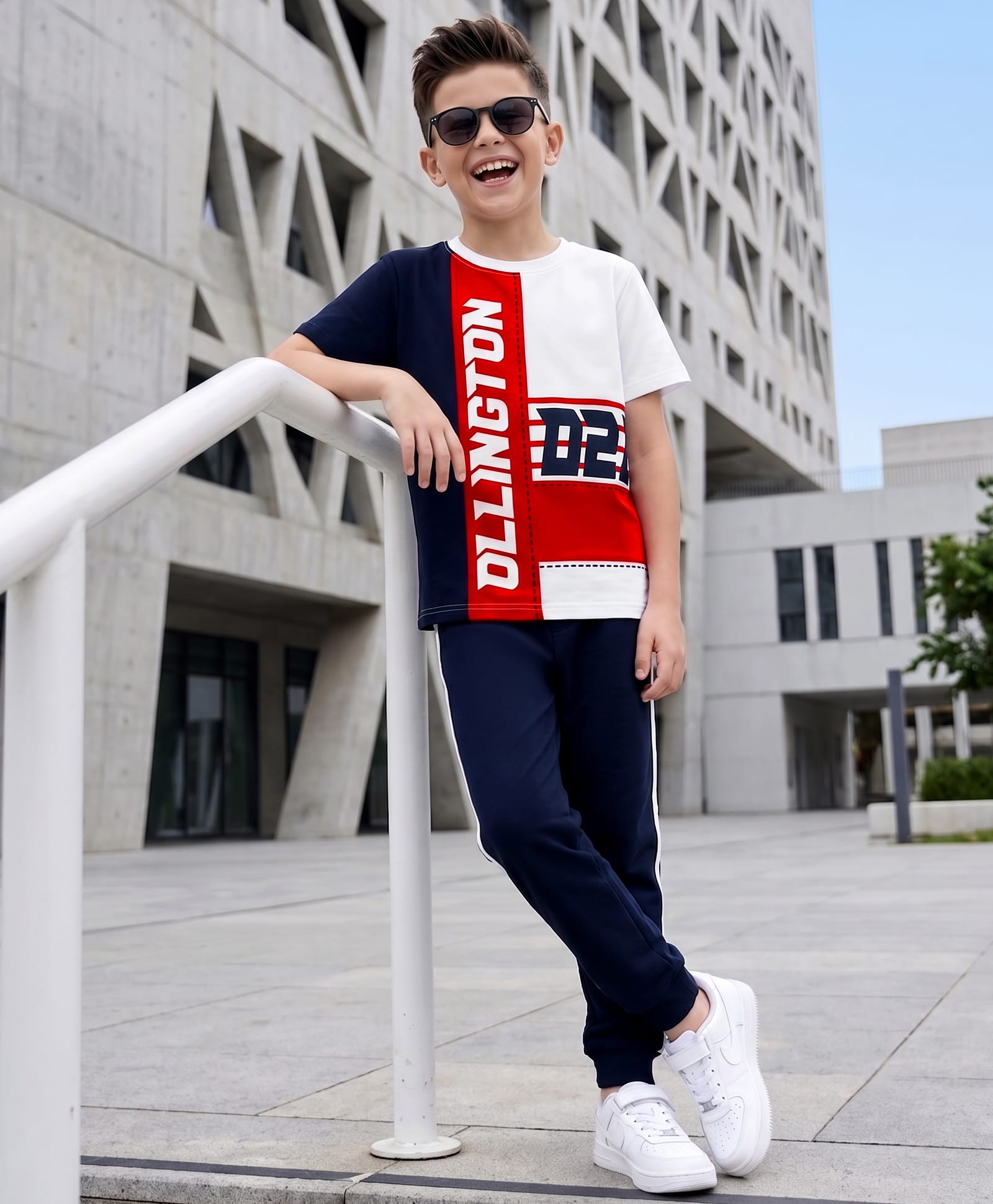 Ollington St. Single Jersey Knit Half Sleeves Colour Block & Text Printed T-Shirt & Joggers - White & Navy-image-49