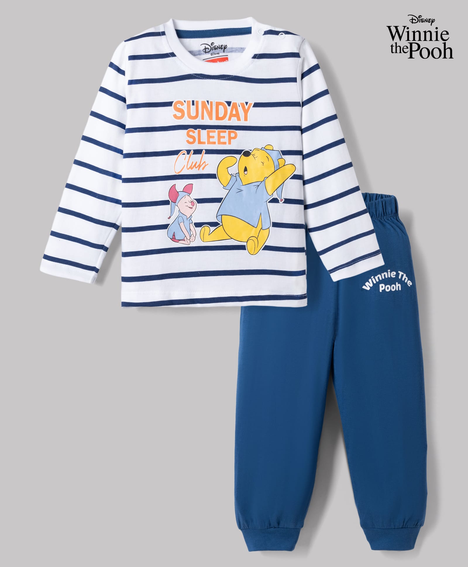 Babyhug Disney Single Jersey Knit Full Sleeves Striped T-Shirt & Pyjama Night Suit with Winnie the Pooh Graphics - White & Blue-image-16