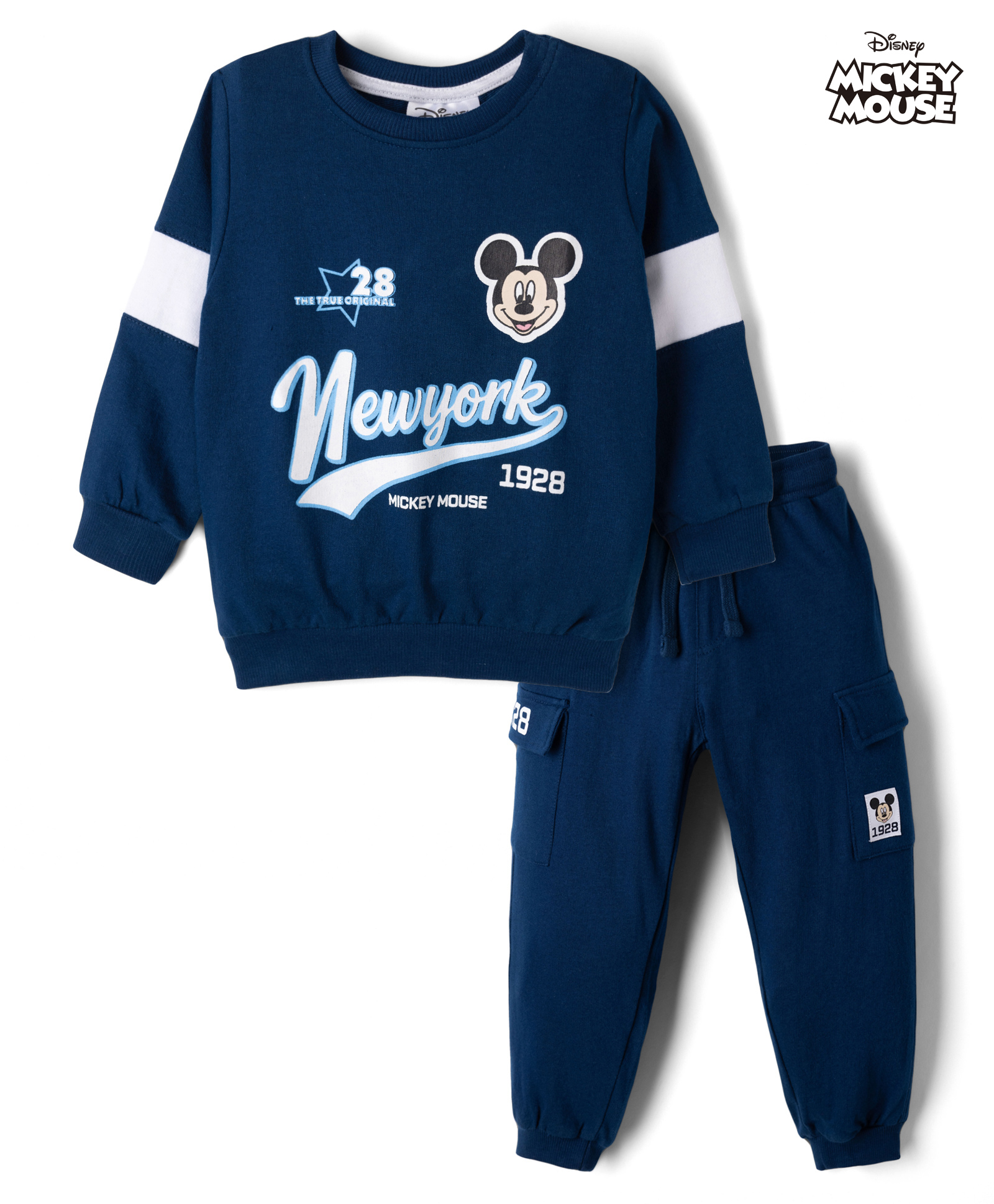 Babyhug Disney Terry Knit Full Sleeves TSweatshirt & Track Pant Set With Mickey Mouse Graphic - Navy Blue-image-11