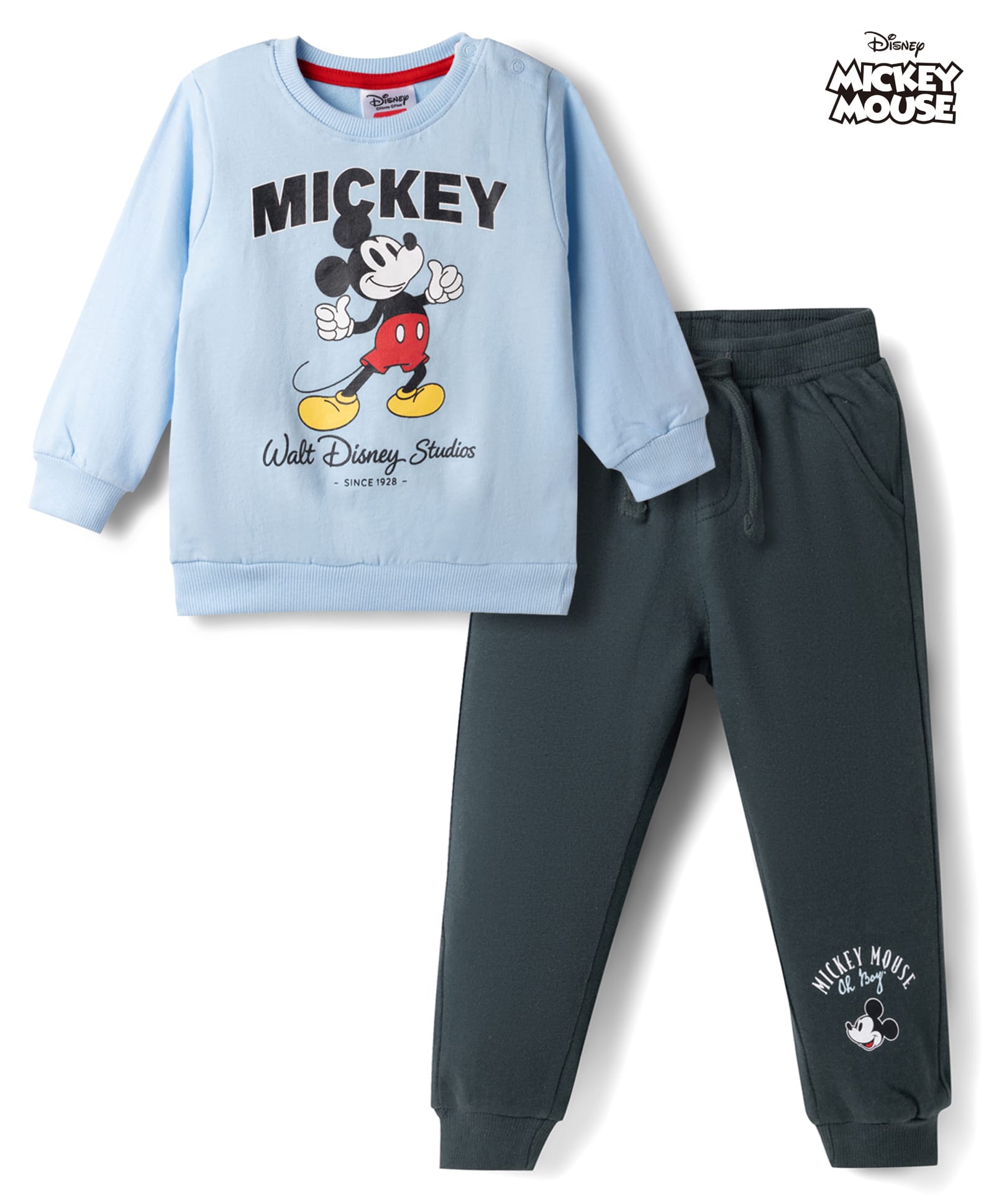 Babyhug Disney 100% Cotton Knit Full Sleeves Sweatshirt & Trackpant Winter Wear Suit With Mickey Mouse Graphics - Light Blue-picture-12