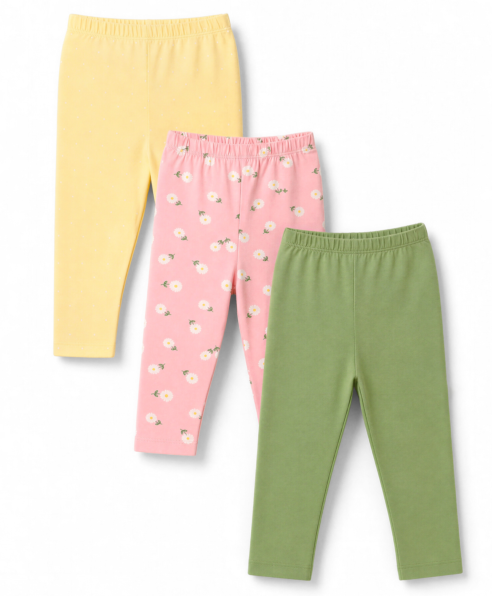 Babyhug Cotton Lycra Knit Full Length Solid & Floral Printed Leggings Pack Of 3 - Pink Green & Yellow-picture-20