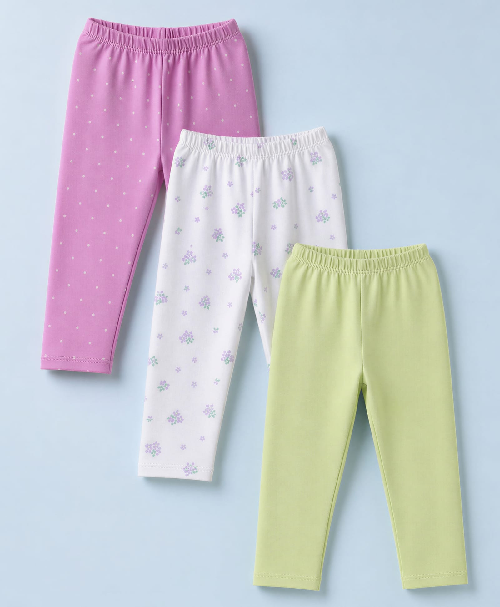 Babyhug Cotton Lycra Knit Full Length Polka Dots & Floral Printed Leggings Pack of 3 - Purple White & Light Green-picture-13