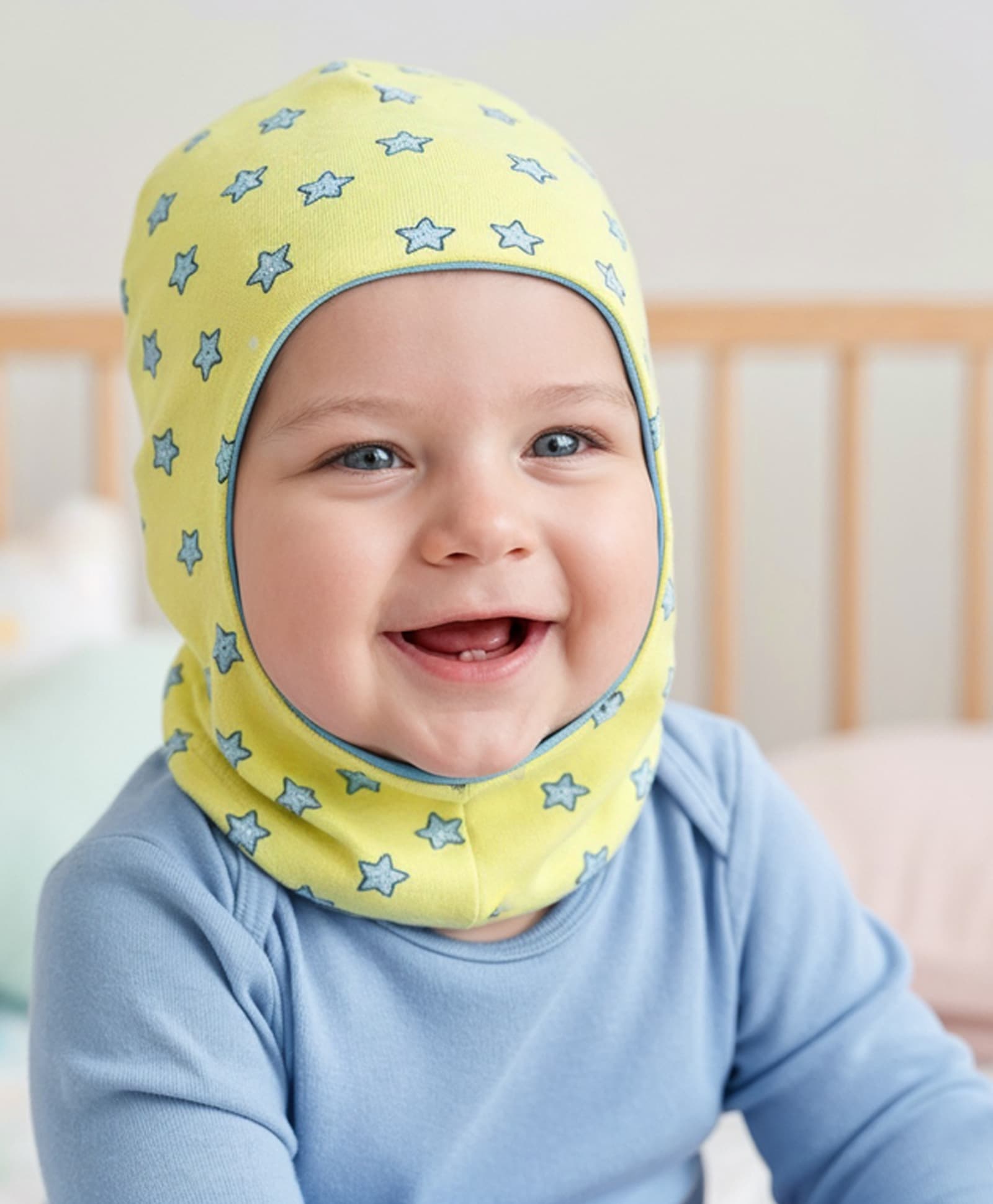 Babyhug Cotton Knit Reversible Monkey Cap With Star Design Light Blue - Diameter 14.5 cm-image-39