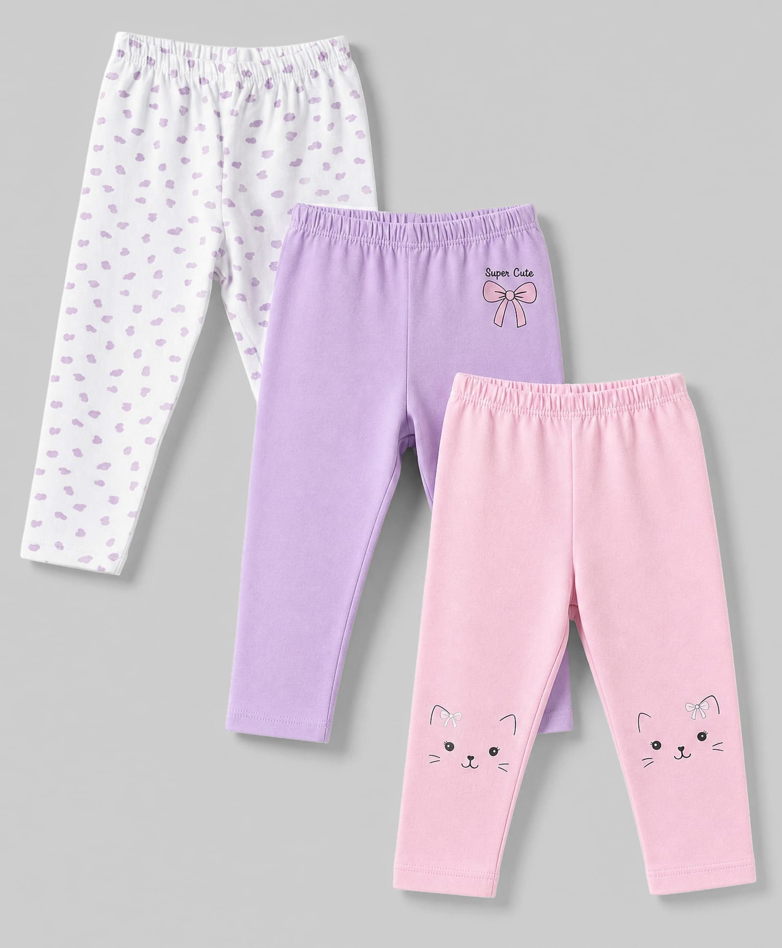Babyhug Cotton Elastane Lycra Knit Full Length Leggings With Polka Dot & Animal Print Pack of 3 - White, Purple & Pink-picture-16