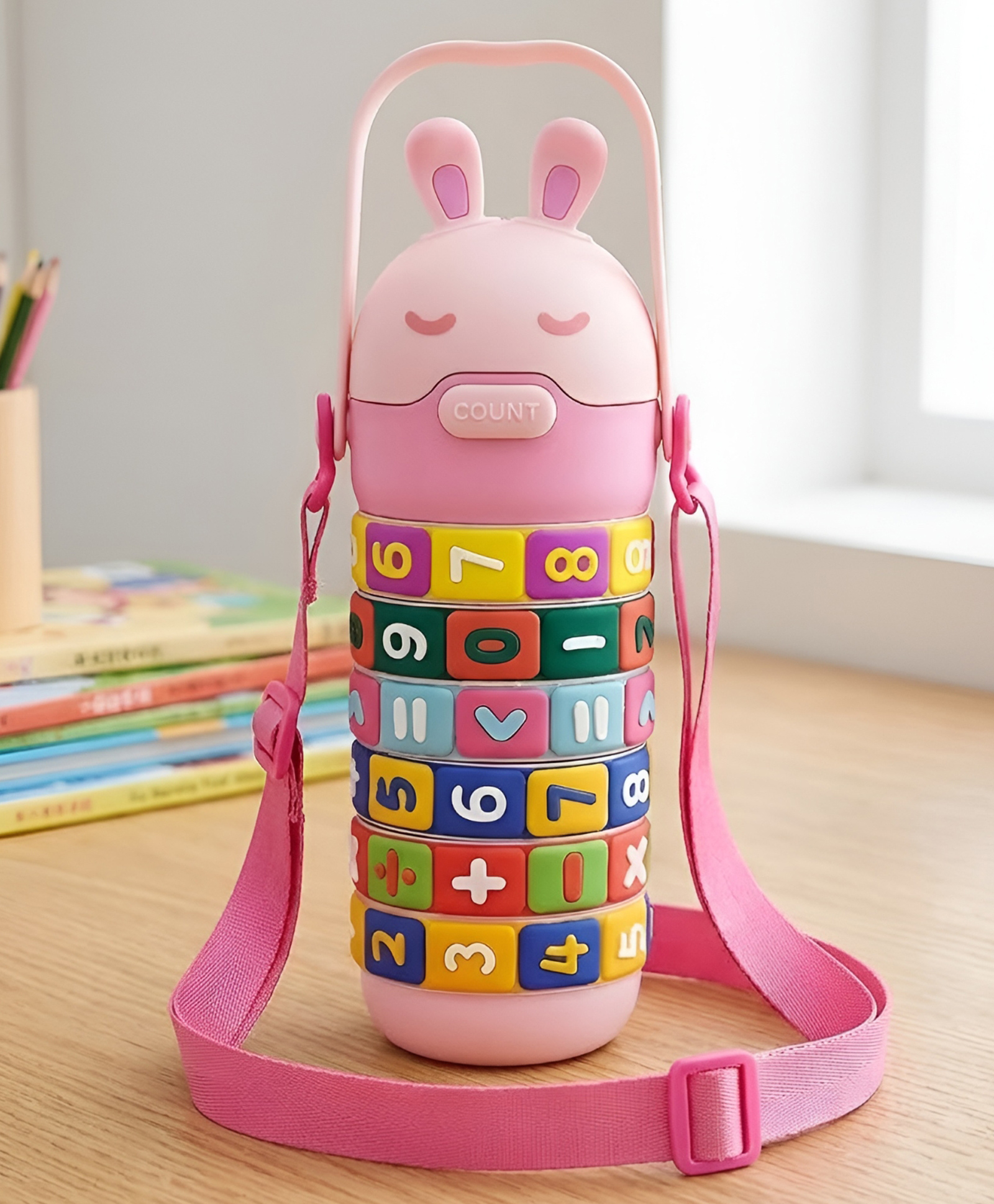 SCHOOLISH Kids Math Learning Water Bottle 600 ml Rotatable Rainbow Number Puzzle Sipper BPA-Free Leakproof School Bottle with Straw, Adjustable Strap & Handle Pack Of 1 - Color May Vary-image-45