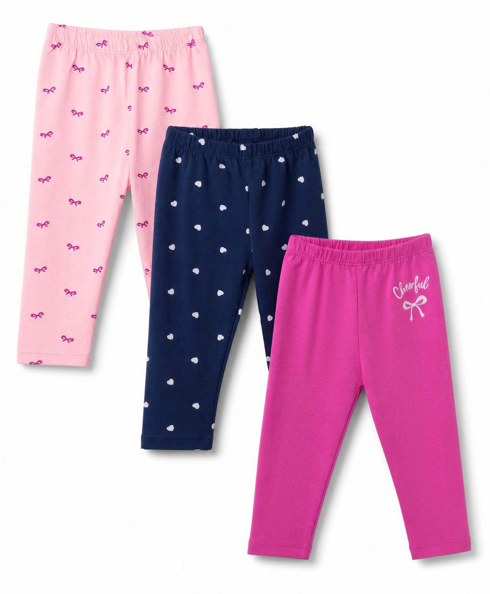 Babyhug Cotton Lycra Knit Full Length Hearts & Bow Printed Leggings Pack Of 3 - Navy Blue & Dark Pink-picture-14
