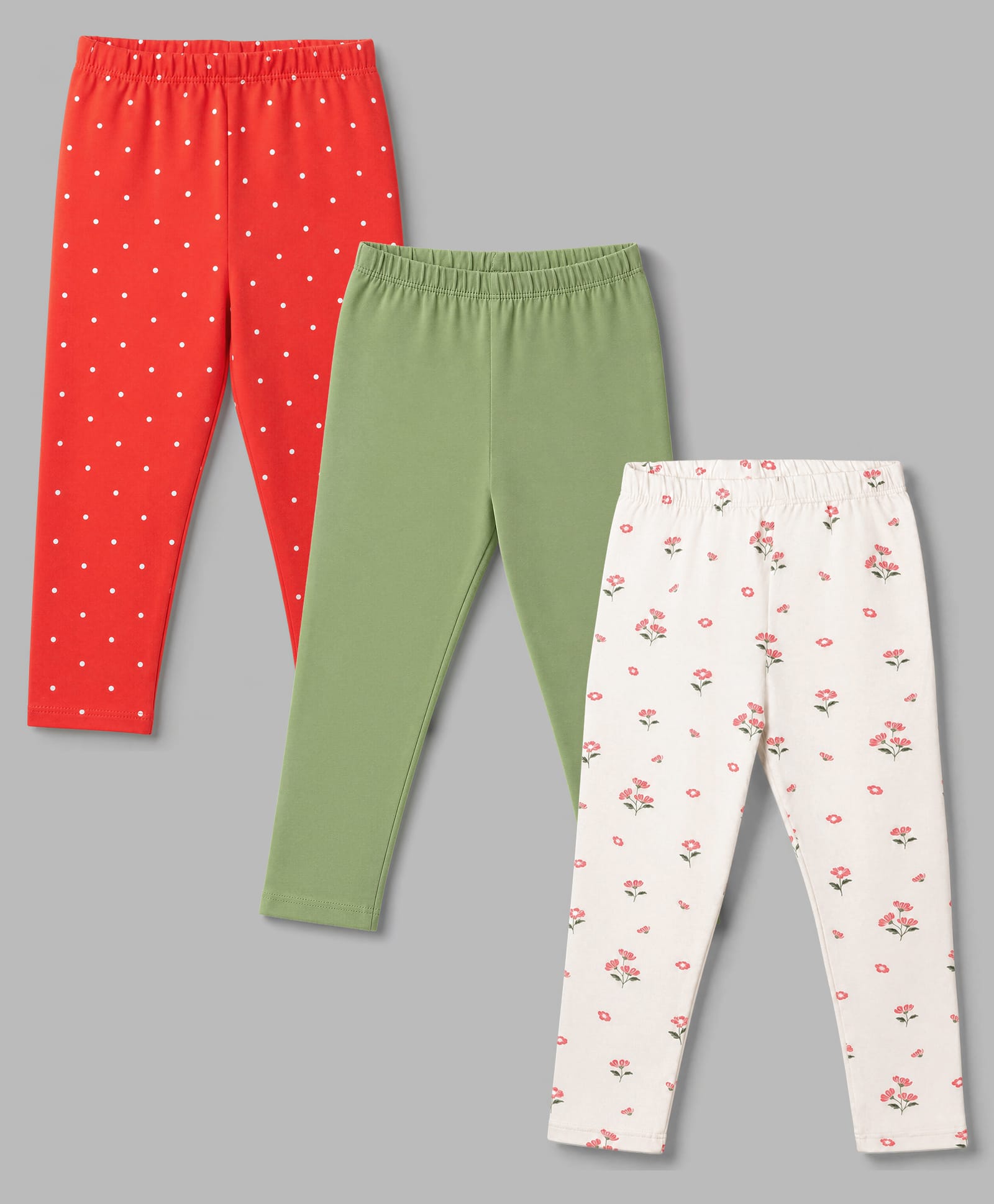 Babyhug Cotton Lycra Knit Full Length Leggings With Polka Dot & Floral Print Pack of 3 - Red, White & Green-picture-19