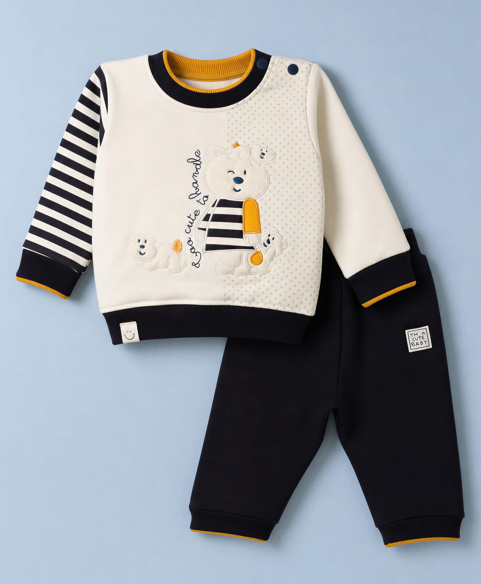 Ollypop Fleece Knit Full Sleeves Winter Wear Sweatshirt & Lounge Pant Set with Teddy Bear Patch - Cream-picture-26