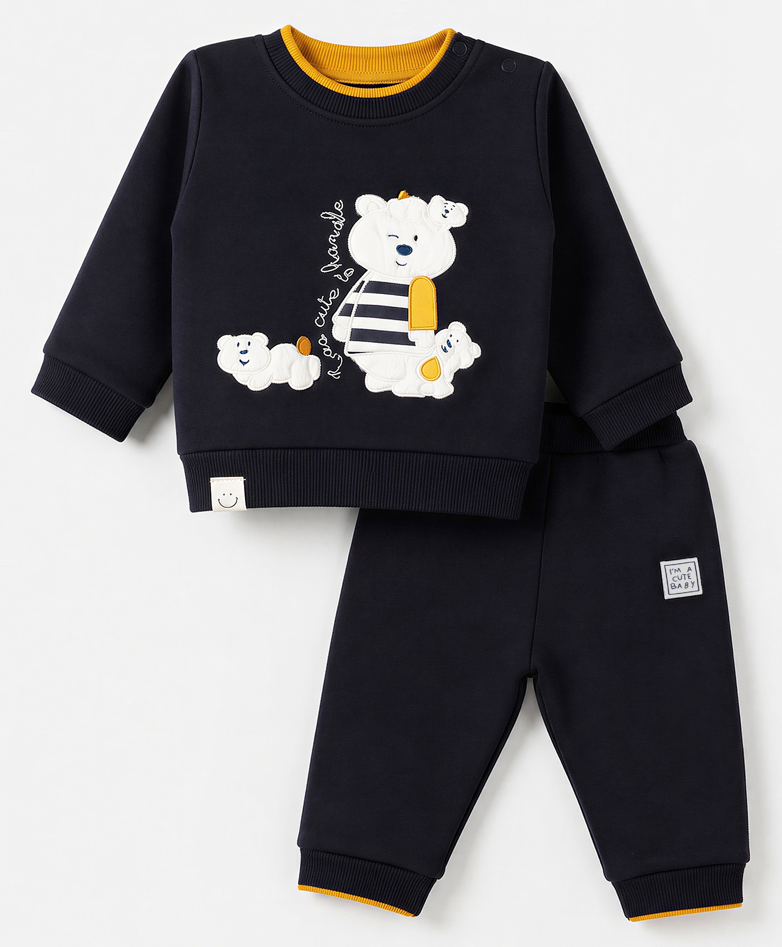 Ollypop Fleece Knit Full Sleeves Winter Wear Sweatshirt & Lounge Pant Set with Teddy Bear Patch - Navy Blue-picture-13