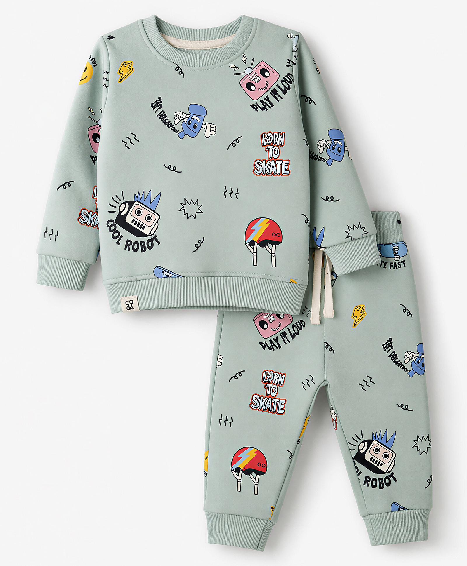 Ollypop Fleece Knit Full Sleeves Text Printed Co-Ords T-Shirt & Pyjama Winter Wear Night Suit - Green-picture-13