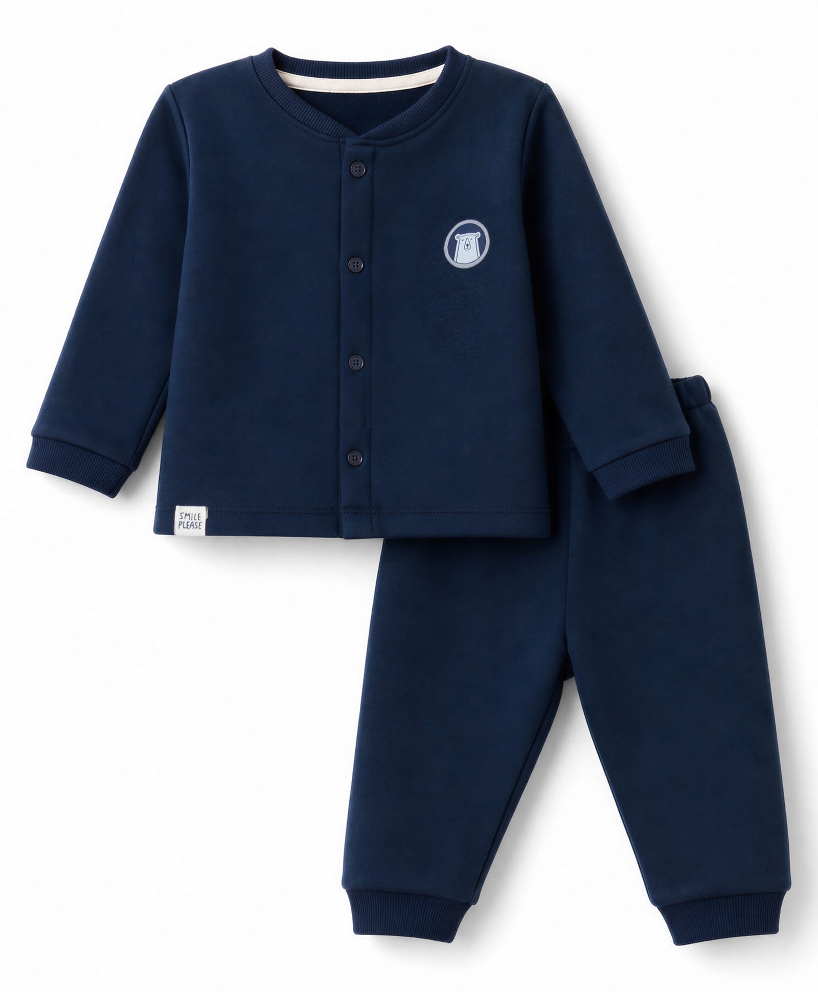 First Smile Fleece Knit Full Sleeves Shirt & Pyjama Winter Nightsuit with Bear Applique - Blue-image-35