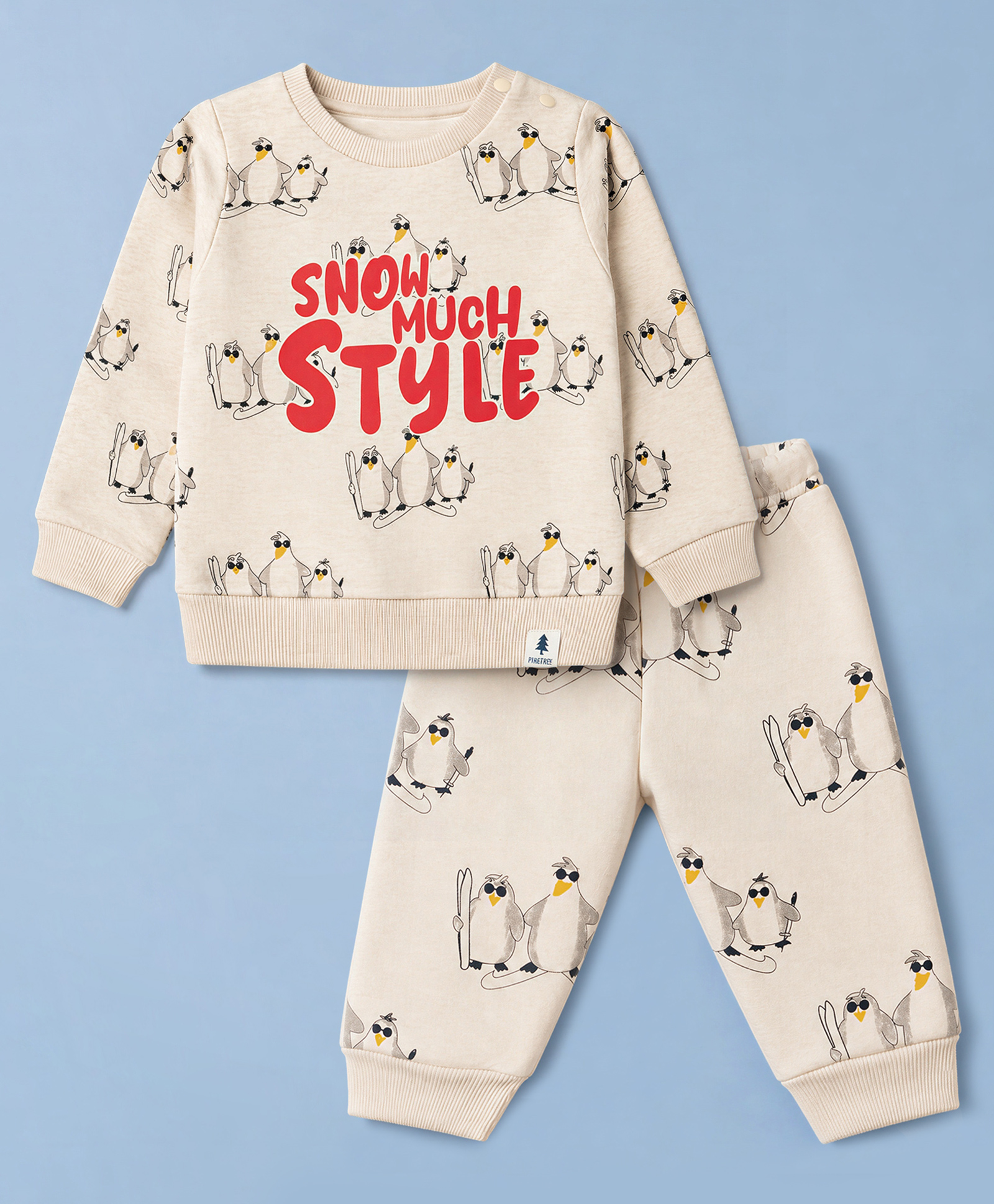 Ollypop Fleece Knit Full Sleeves Penguin Printed Co-Ords T-Shirt & Pant Winter Wear Suit - Grey-picture-17