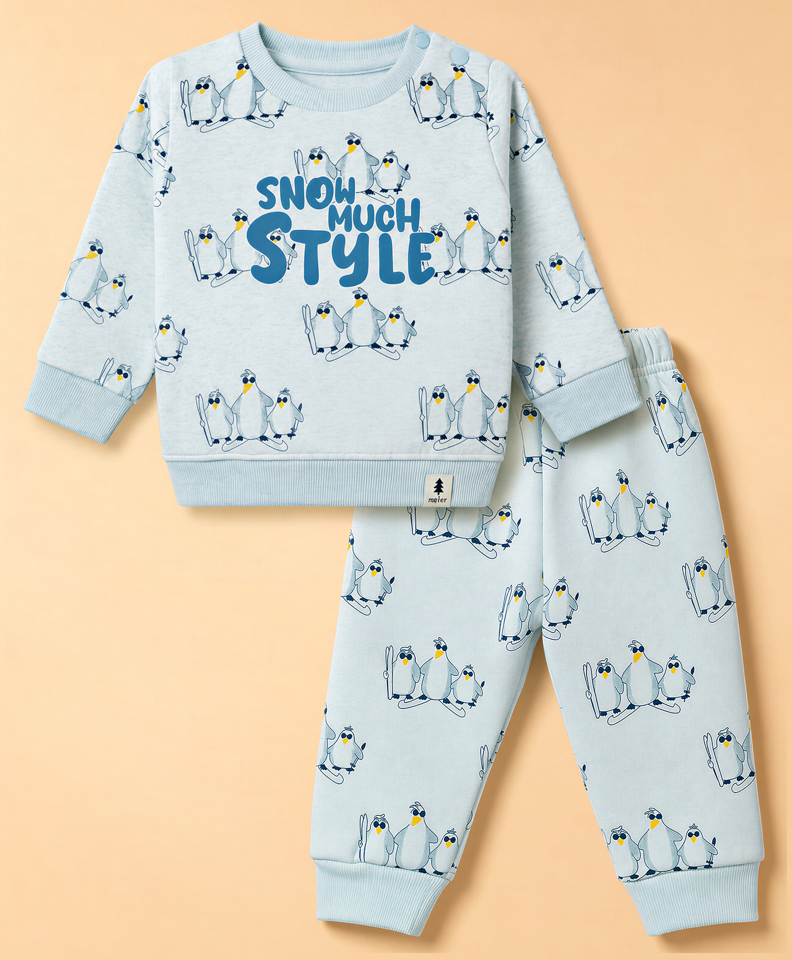 Ollypop Fleece Knit Full Sleeves Penguin Printed Co-Ords T-Shirt & Pant Winter Wear Suit - Light Blue-image-15