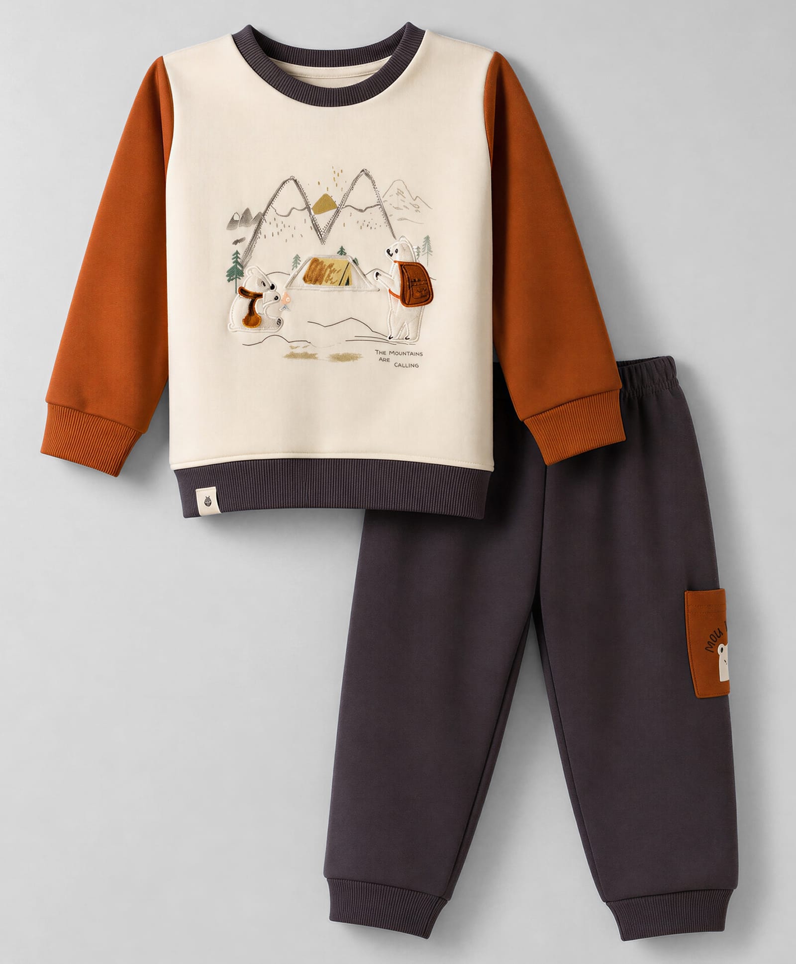 Ollypop Fleece Knit Full Sleeves Winter Wear T-Shirt & Lounge Pant Set with Bear Applique - White & Charcoal Grey-picture-12