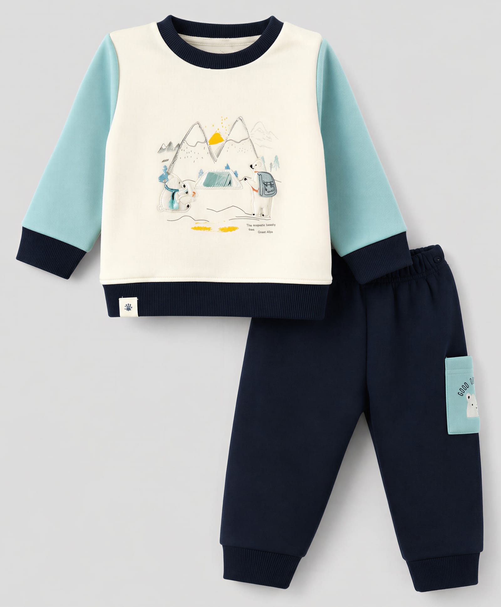 Ollypop Fleece Knit Full Sleeves Winter Wear T-Shirt & Lounge Pant Set with Bear Applique - White & Navy-picture-18