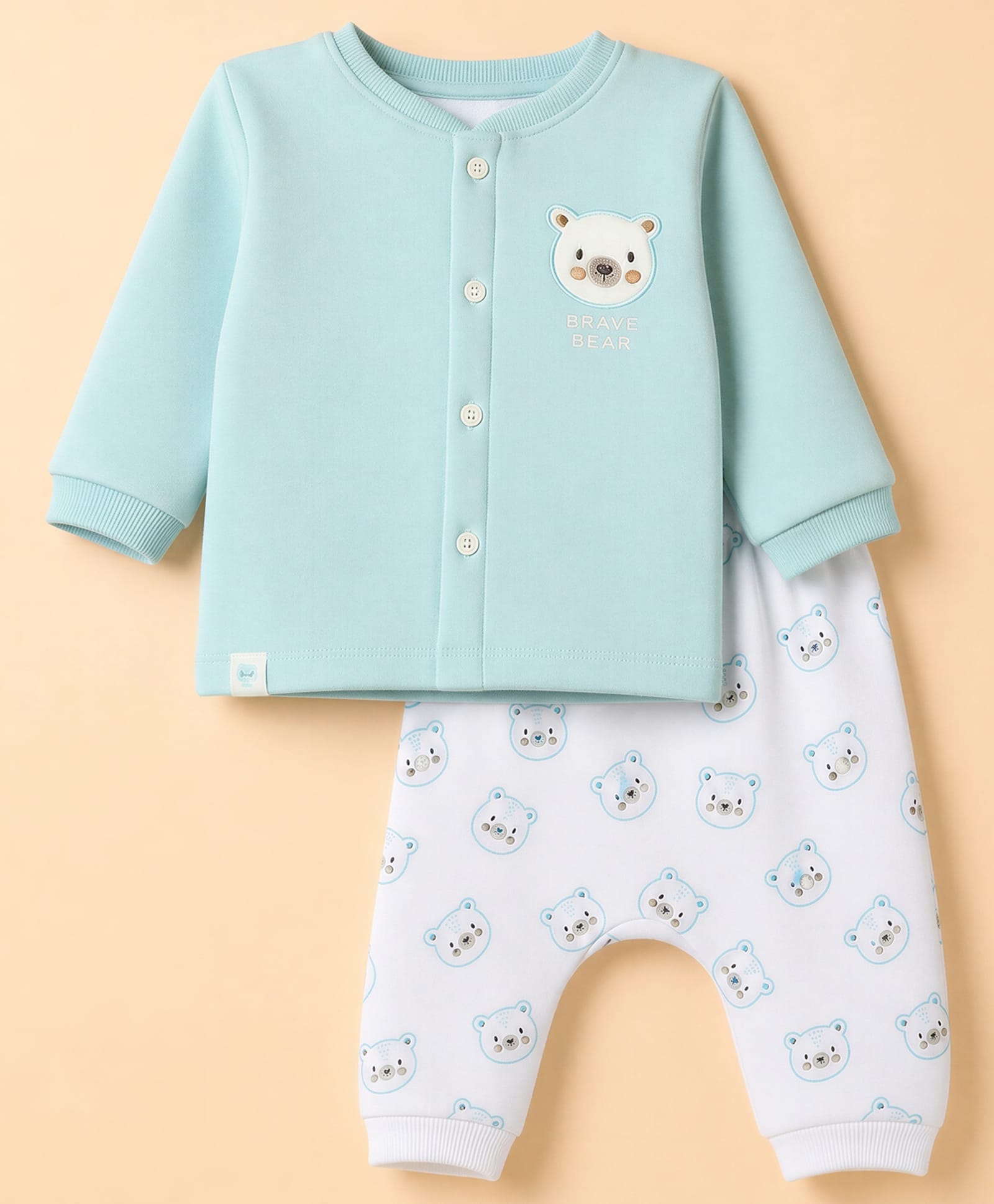 First Smile Fleece Knit Full Sleeves Bear Embroidered T-Shirt & Diaper Pant Winter Wear Night Suit - Light Blue-image-44