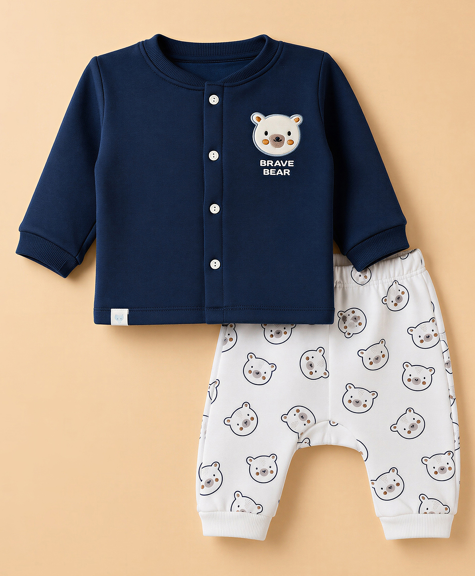 First Smile Fleece Knit Full Sleeves Bear Embroidered T-Shirt & Diaper Pant Winter Wear Night Suit - Navy Blue-image-49