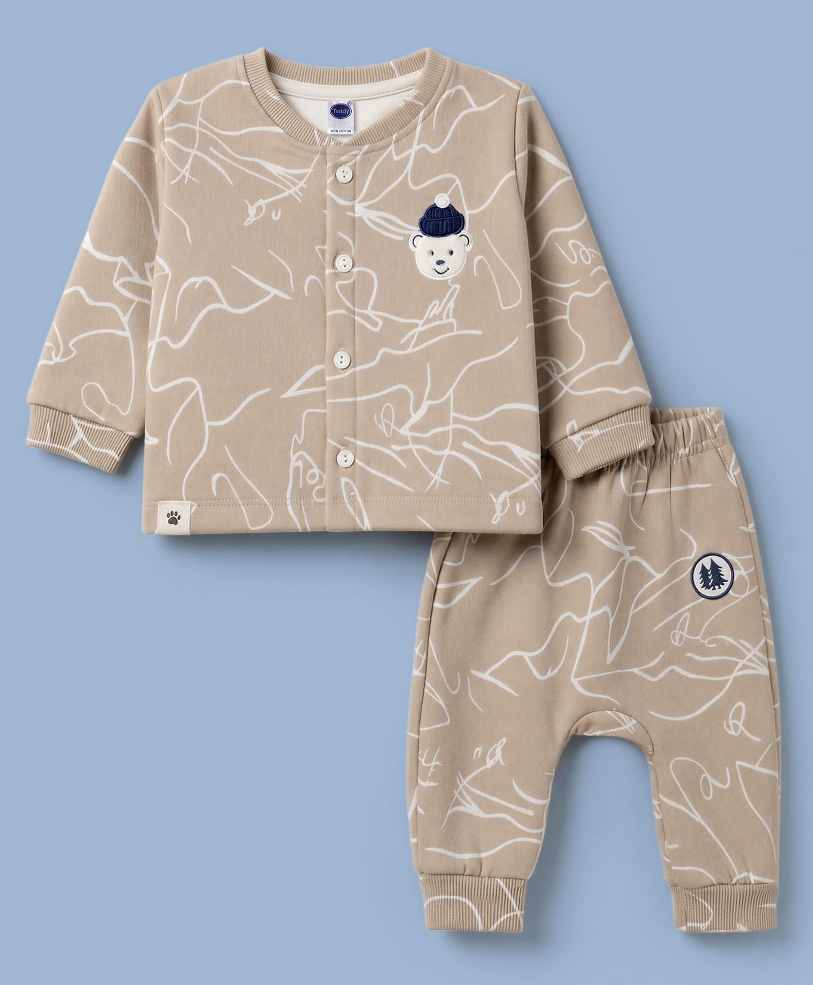 First Smile Fleece Knit Full Sleeves Winter Nightwear With Bear Applique - Beige-image-34