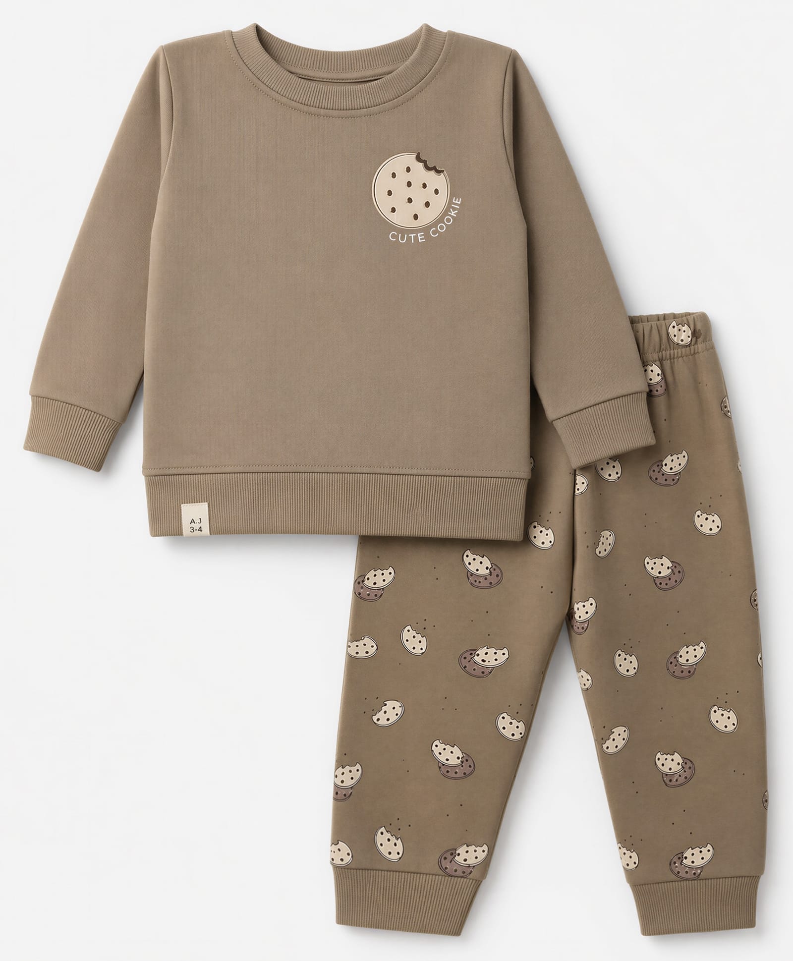 Ollypop Looper Knit Full Sleeves T-Shirt & Lounge Pant Set Cookie Print - Beige-image-1