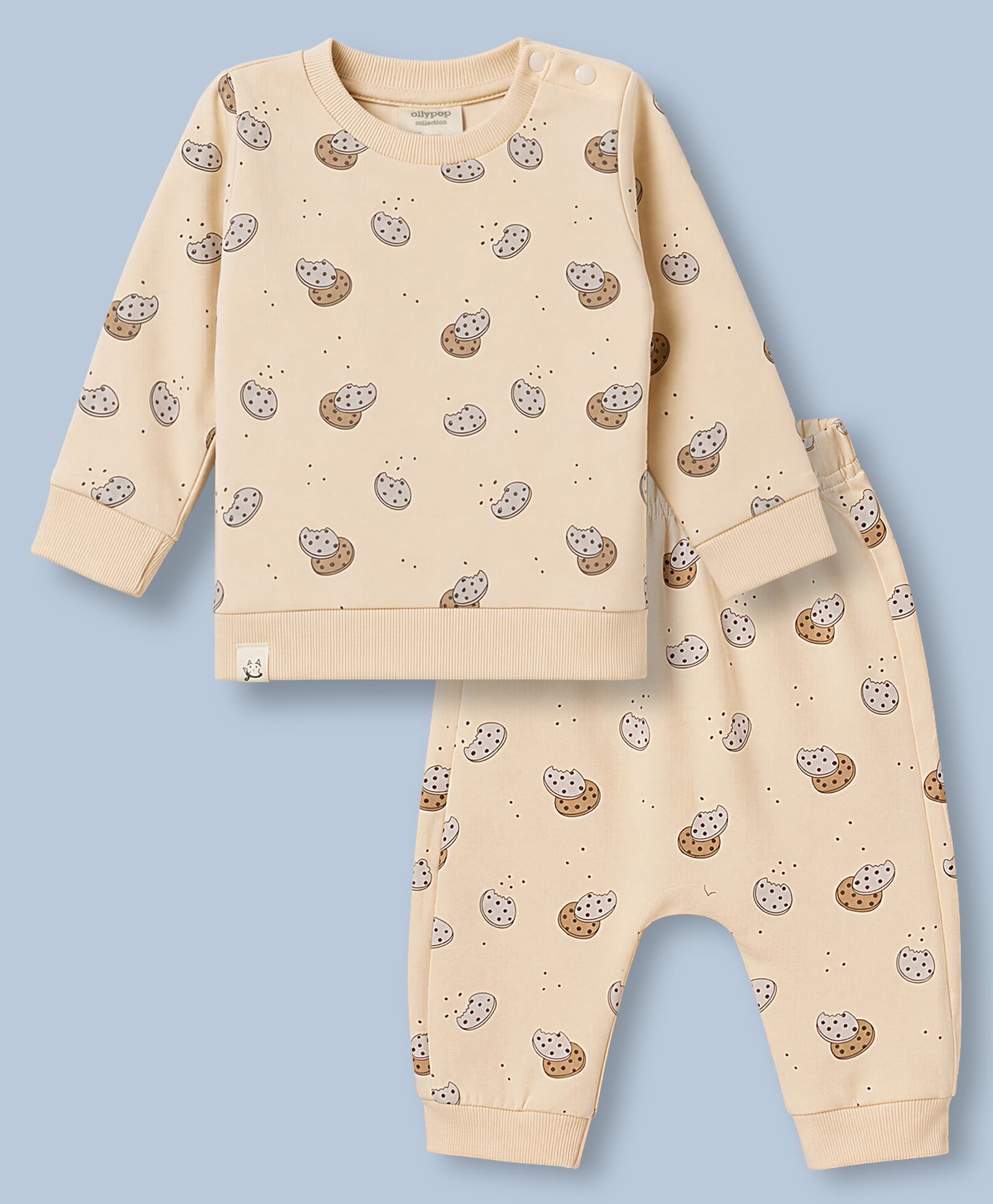 Ollypop Looper Knit Full Sleeves Cookie Printed Co-Ords T-Shirt & Diaper Pant Winter Wear Night Suit - Peach-picture-5