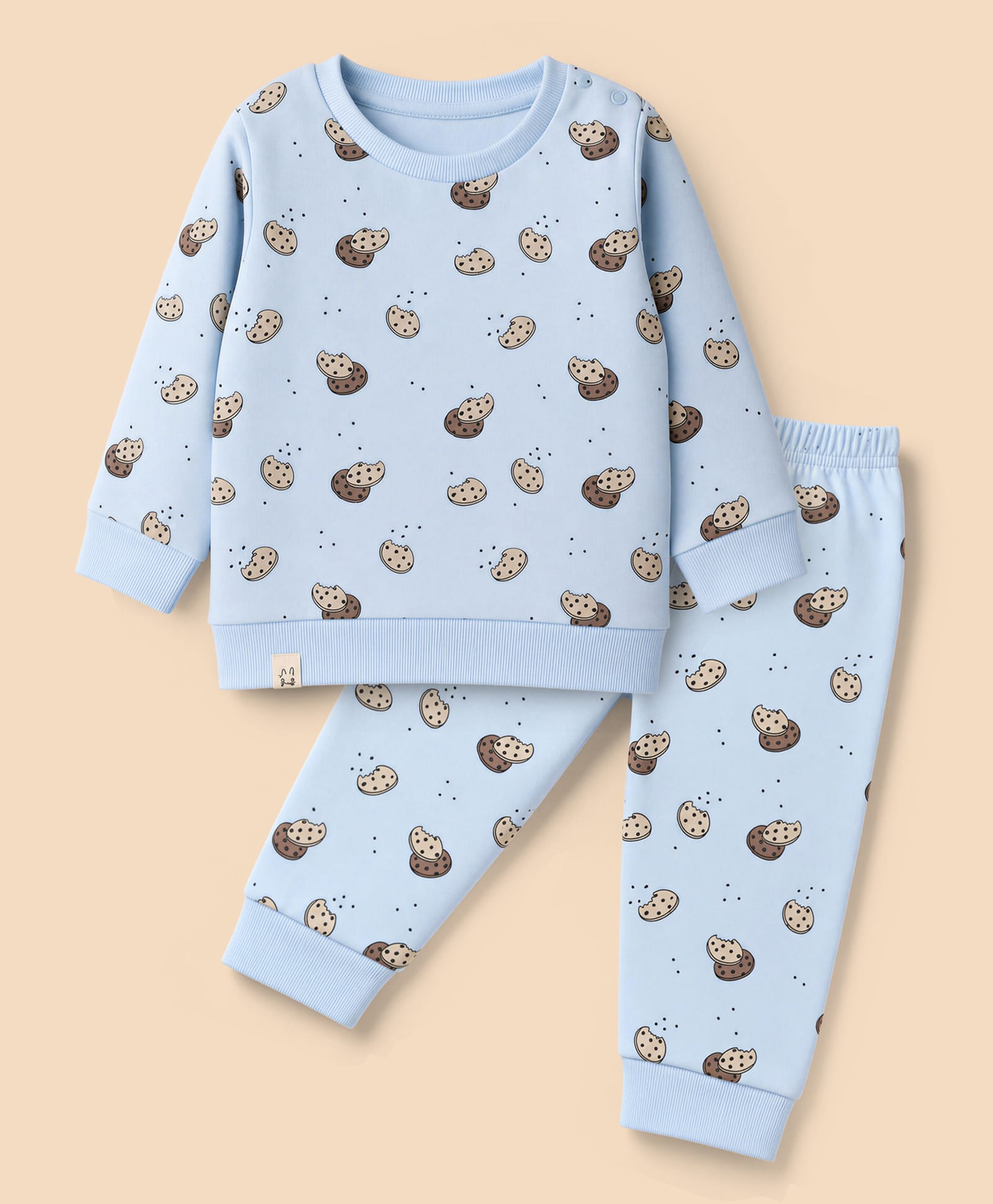 Ollypop Looper Knit Full Sleeves Cookie Printed Co-Ords T-Shirt & Diaper Pant Winter Wear Night Suit - Light Blue-picture-0