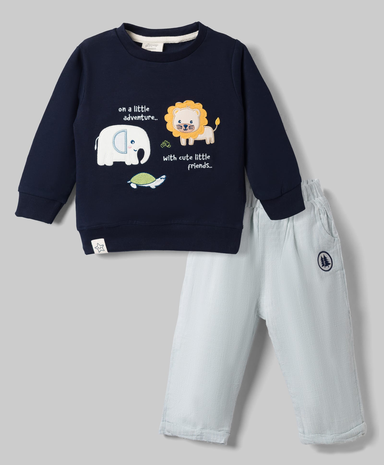 Ollypop Looper Knit Full Sleeves T-Shirt & Lounge Pant Set with Animals Patch - Navy-picture-16