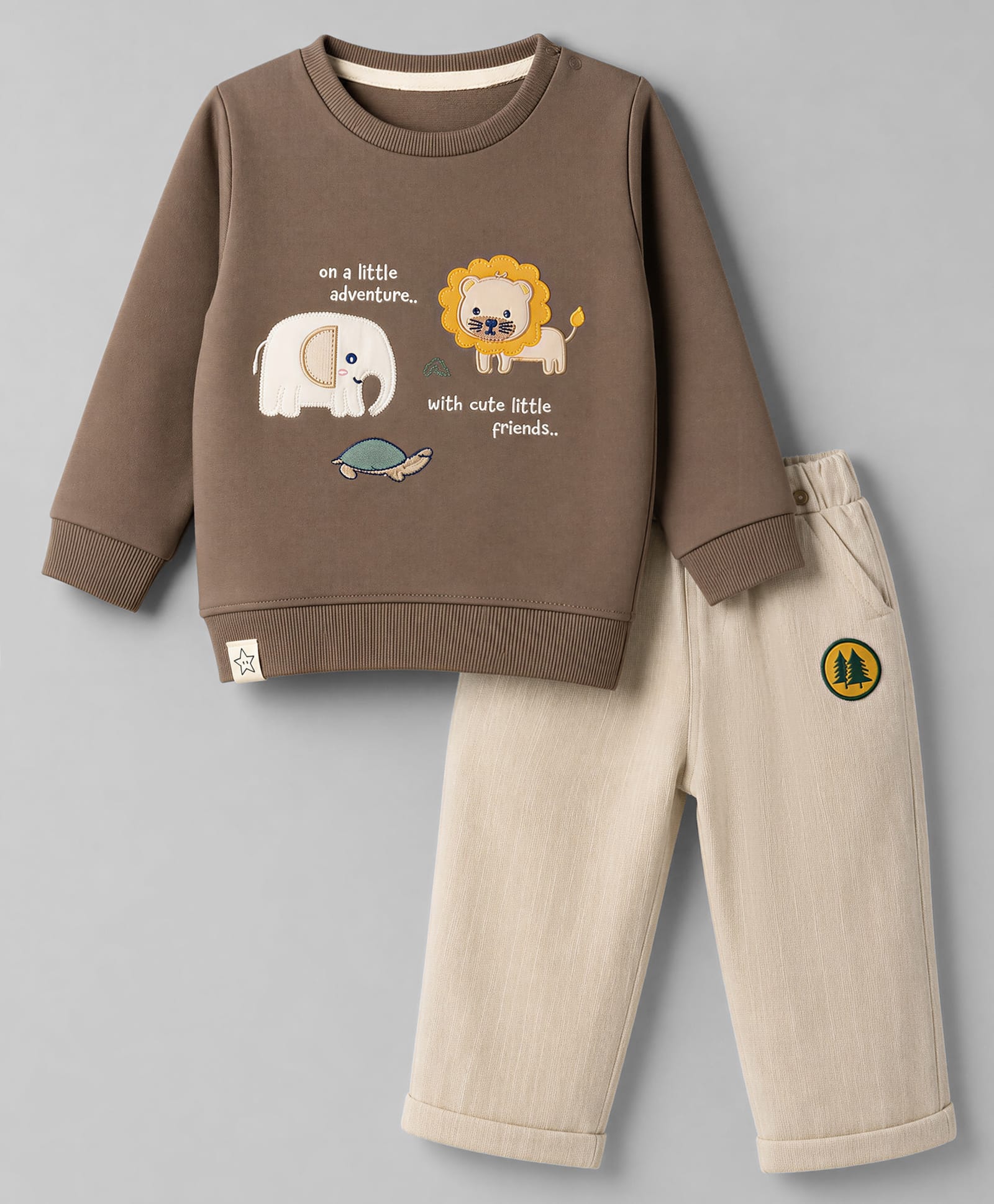 Ollypop Looper Knit Full Sleeves T-Shirt & Lounge Pant Set with Animals Patch - Brown-picture-9