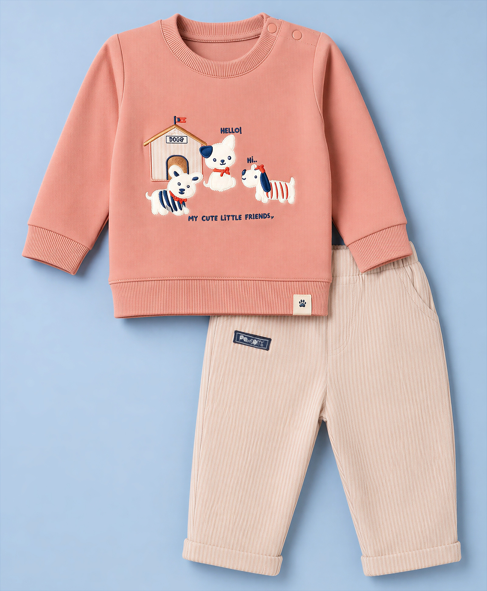 Ollypop Looper Knit Full Sleeves T-Shirt and Pant Set Puppy Patch - Pink-picture-16