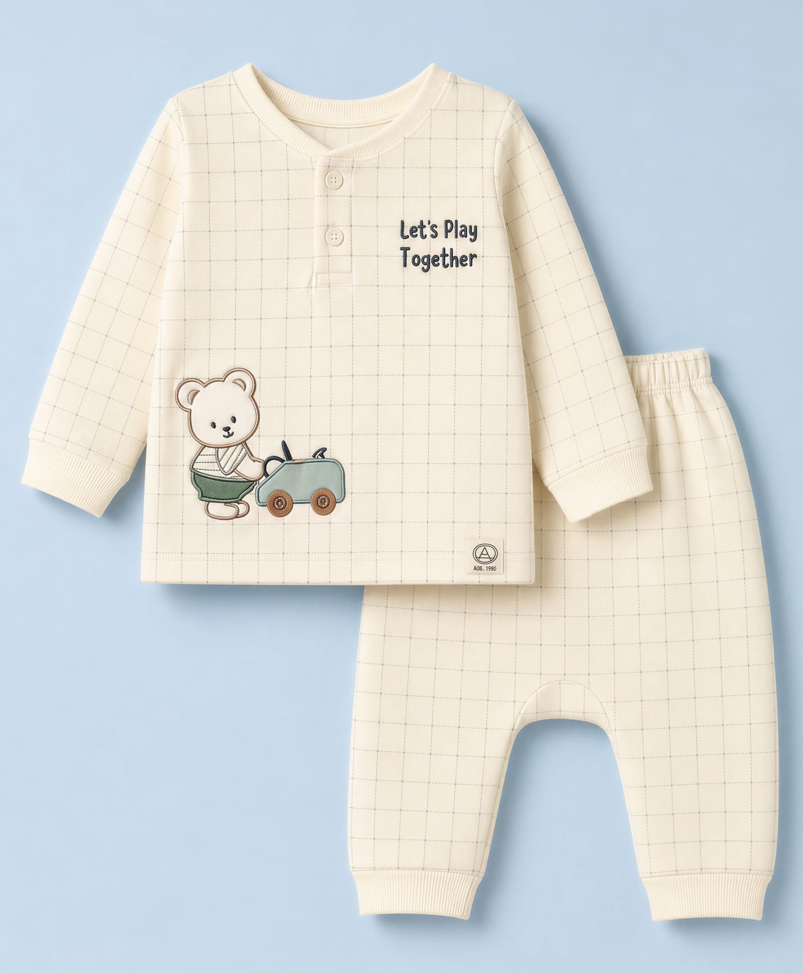 Ollypop Looper Knit Full Sleeves Checked T-Shirts & Pyjama Night Suit With Teddy Bear & Text Embroidery - Cream & Green-image-3