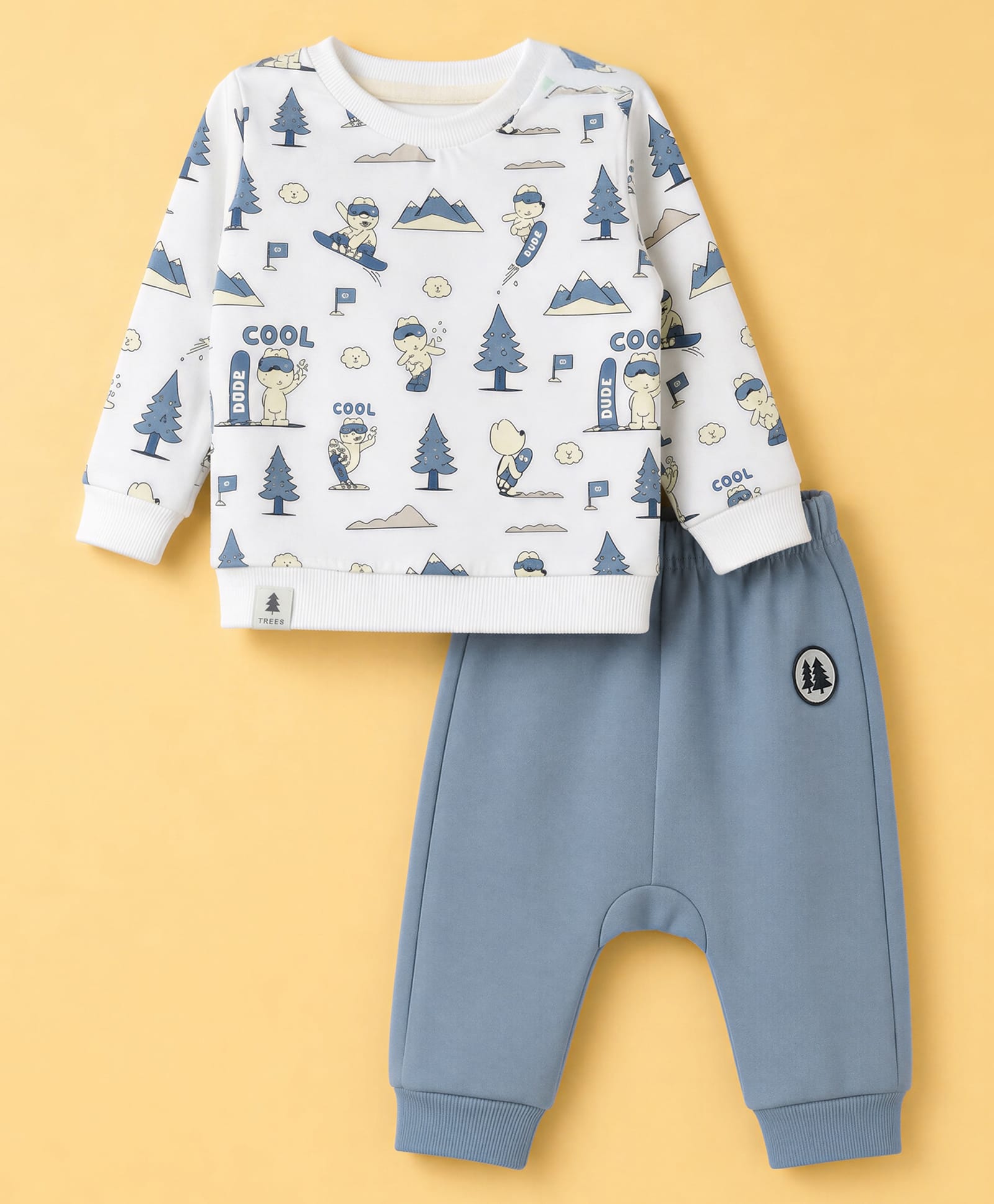 Ollypop Looper Knit Full Sleeves T-Shirt & Pant Set Skiing Print - White & Blue-picture-49