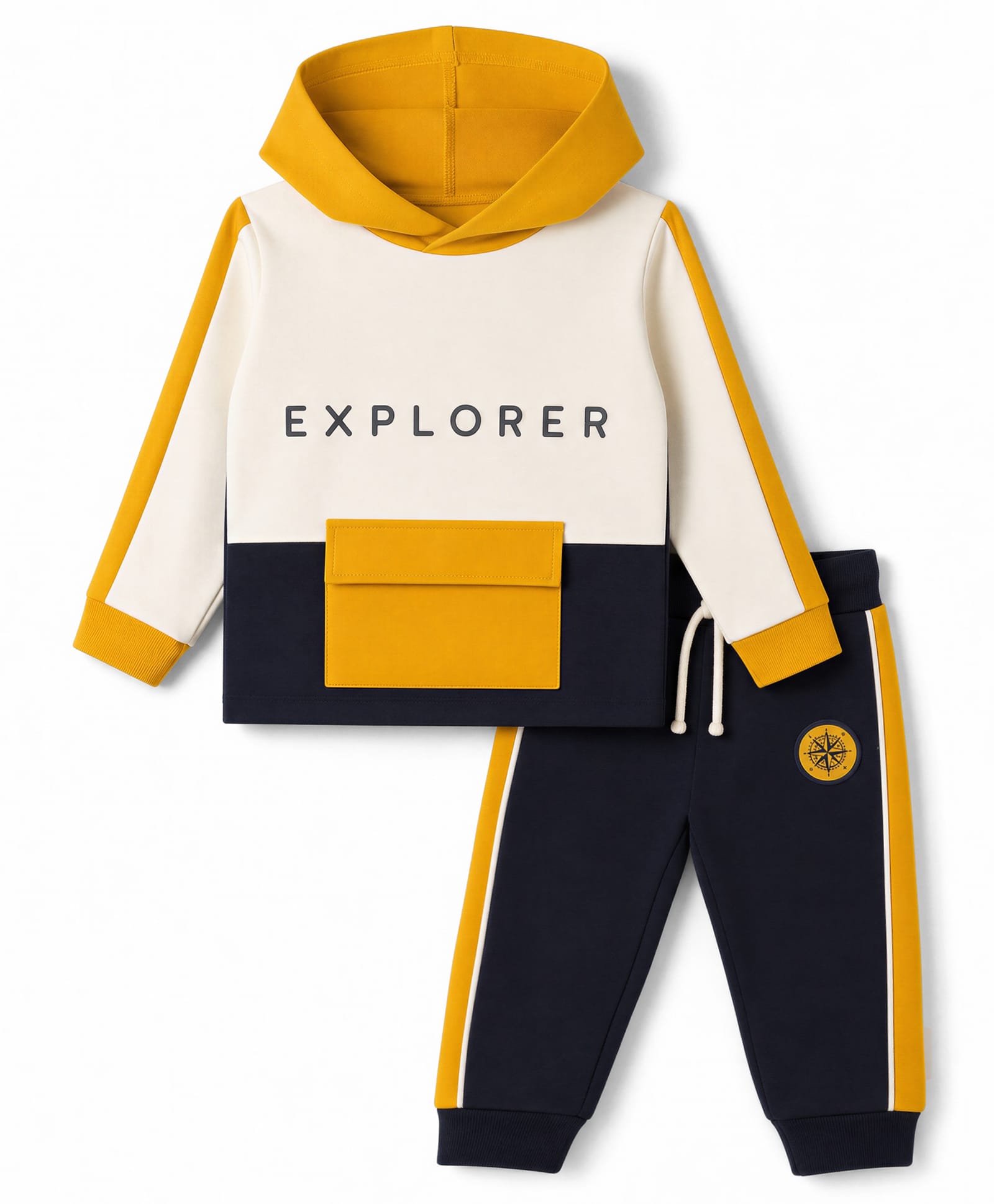 Ollypop Looper Knit Full Sleeves Hooded T-Shirt and Jogger Set Explorer Print - Mustard & Navy-picture-14