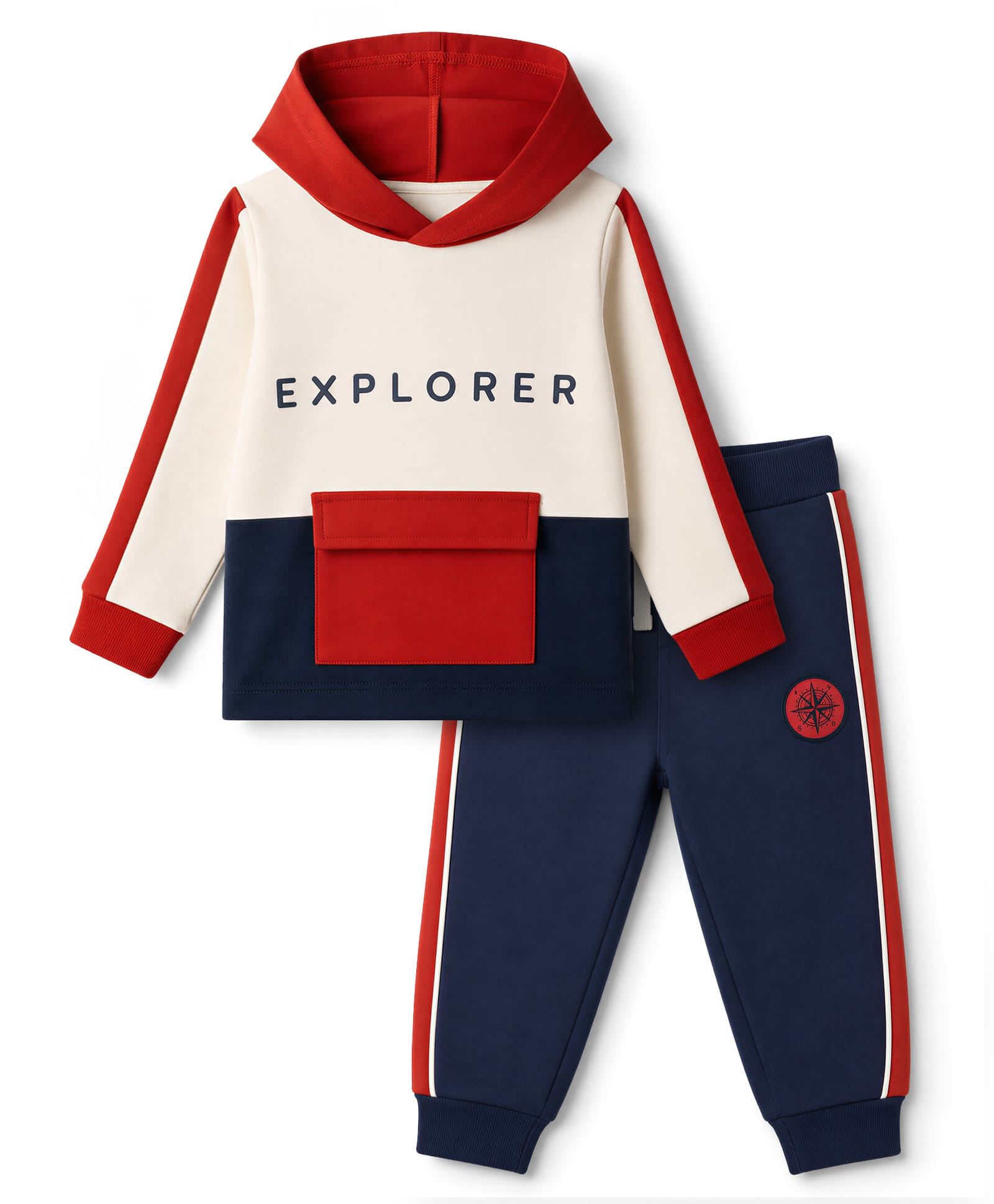 Ollypop Looper Knit Full Sleeves Hooded T-Shirt and Jogger Set Explorer Print - Red & Navy-image-48