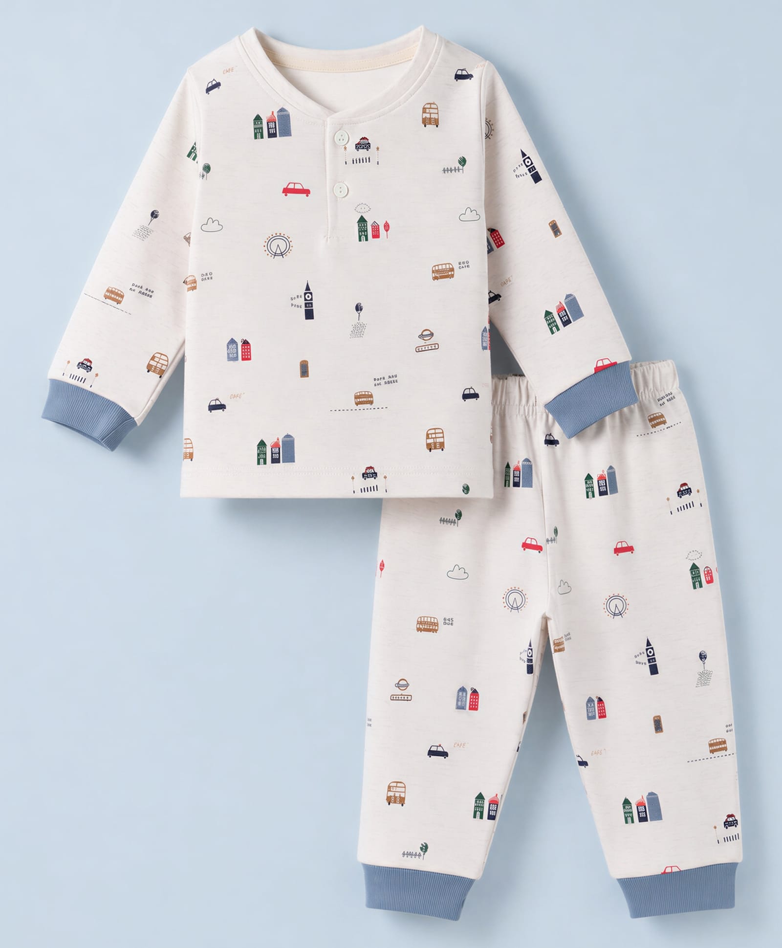 Ollypop Looper Knit Full Sleeves T-Shirts & Pyjama Co-ords Night Suit With Vehicle Print - White-picture-44