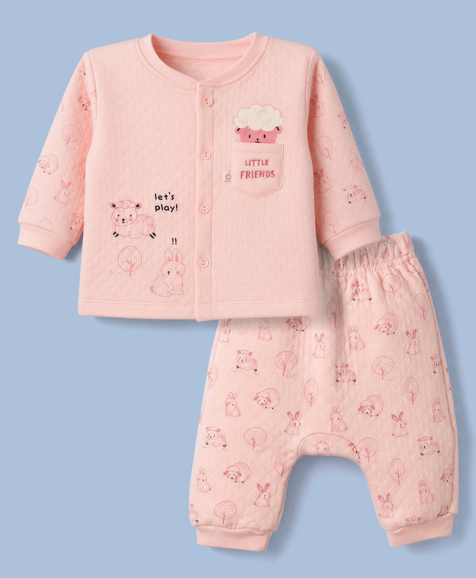 First Smile Polyfill Knit Full Sleeves Winter Nightwear With Animal Print & Text Embroidery - Pink-image-26