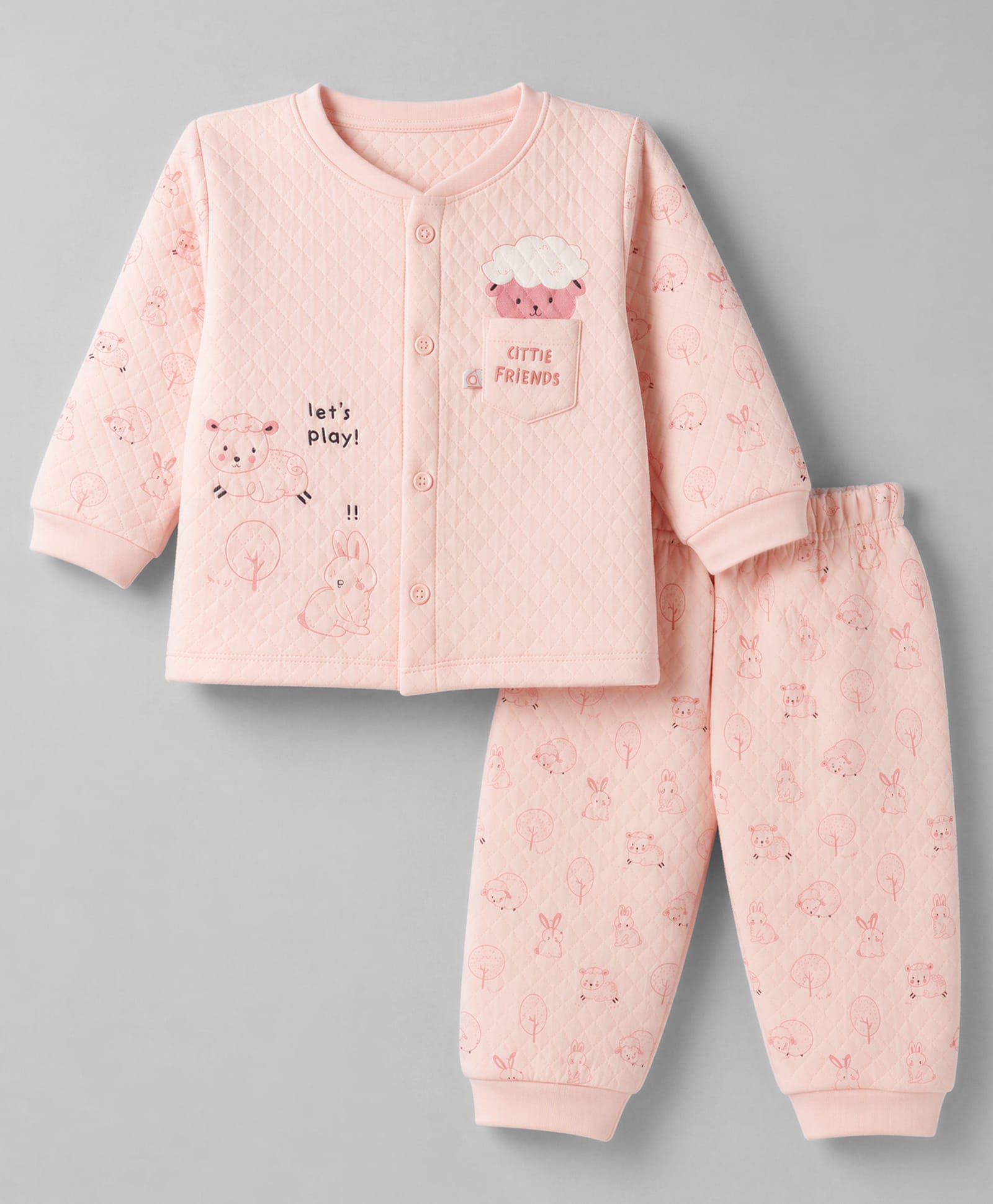 First Smile Knit Full Sleeves Front Open Sheep Printed T-Shirt & Pajama Night Suit - Pink-image-39