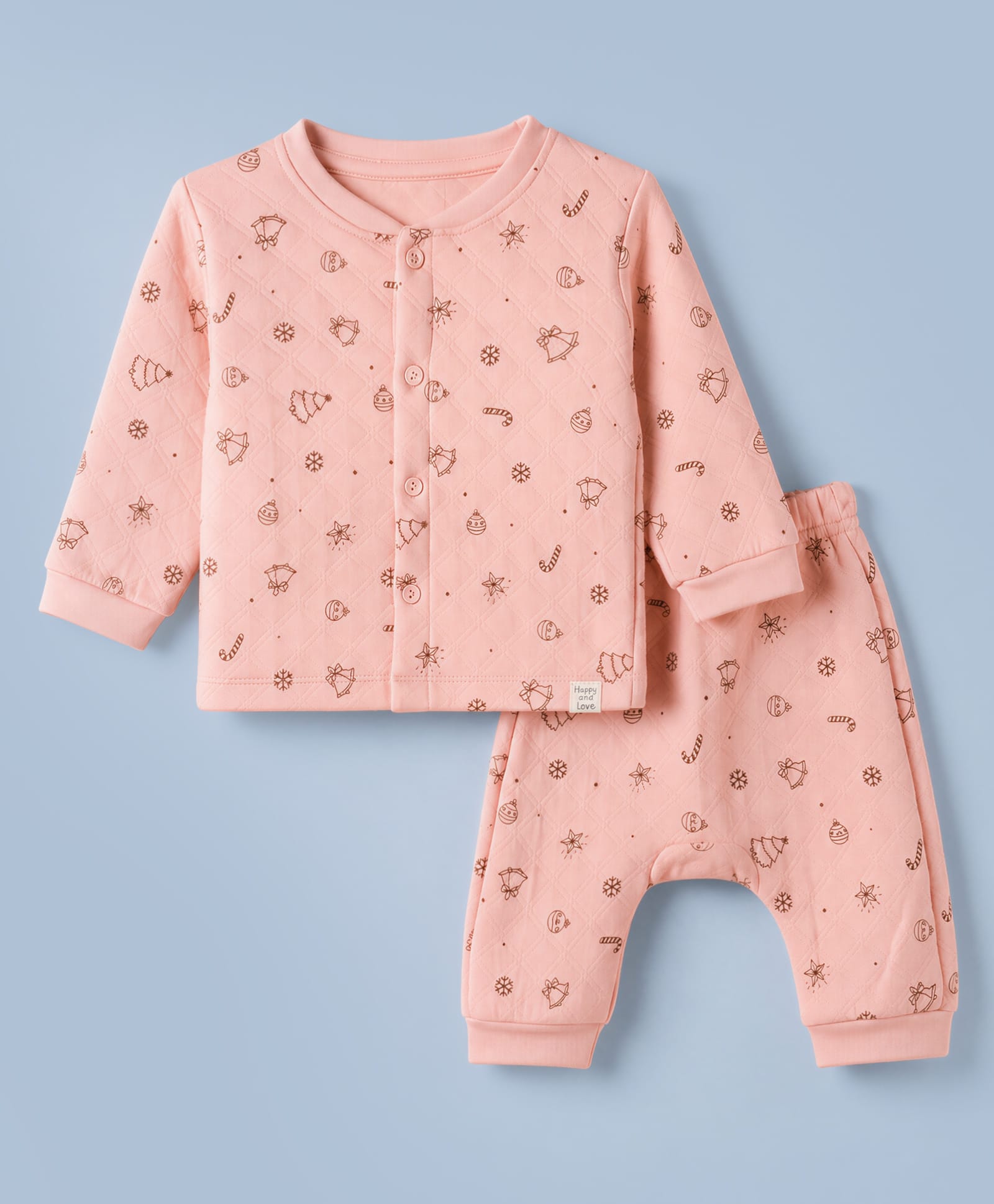 Ollypop Polyfill Knit Full Sleeves T-Shirts & Pyjama Co-ords Winter Wear Night Suit With Christmas Bells & Tree Print - Peach-picture-18