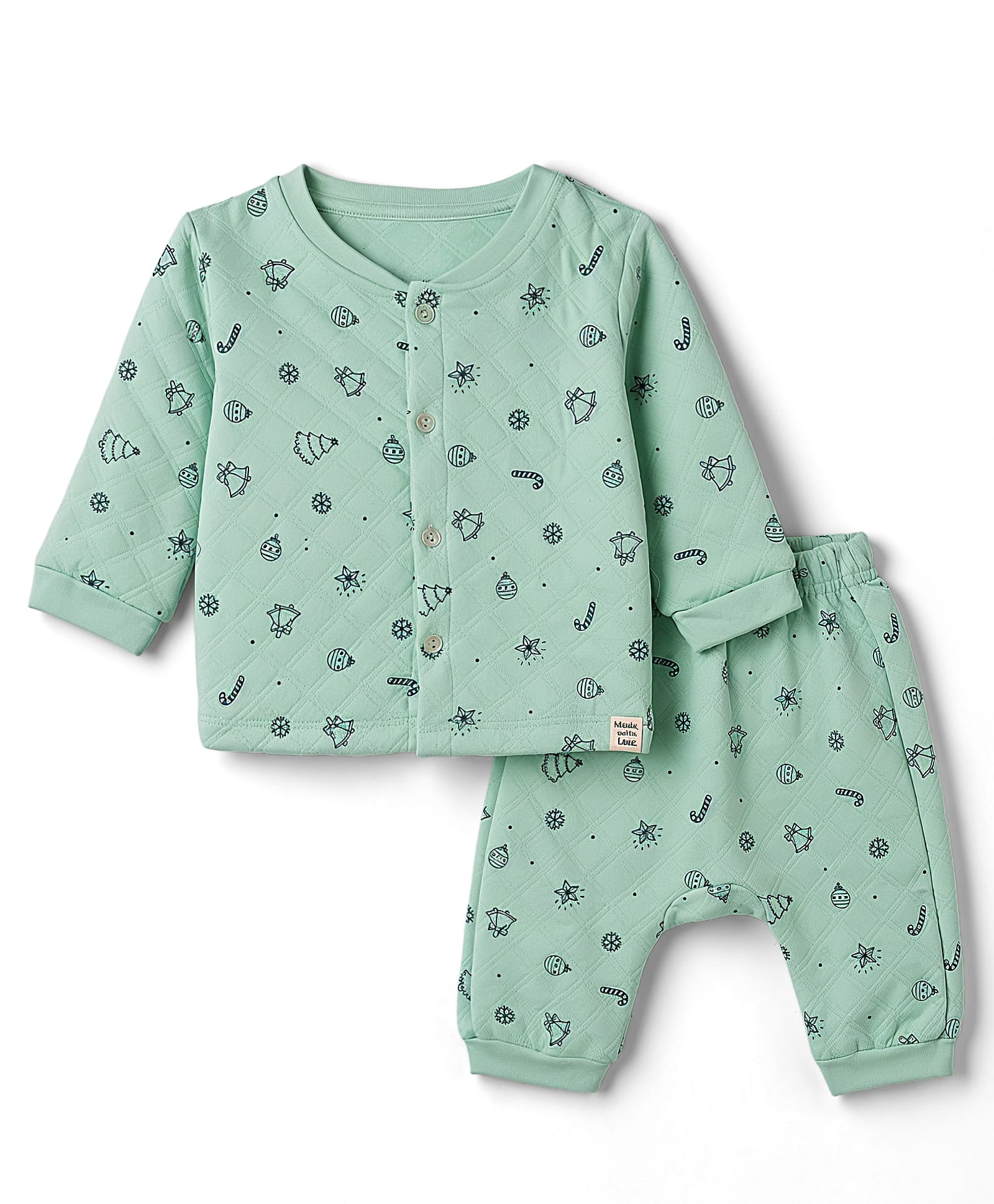 Ollypop Polyfill Knit Full Sleeves T-Shirts & Pyjama Co-ords Winter Wear Night Suit With Christmas Bells & Tree Print - Green-picture-22