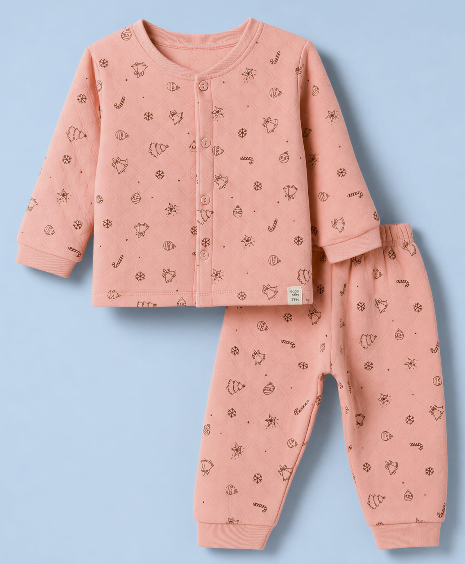Ollypop Polyfill Knit Full Sleeves T-Shirts & Pyjama Co-ords Winter Wear Night Suit With Christmas Bells & Tree Print - Peach-picture-15