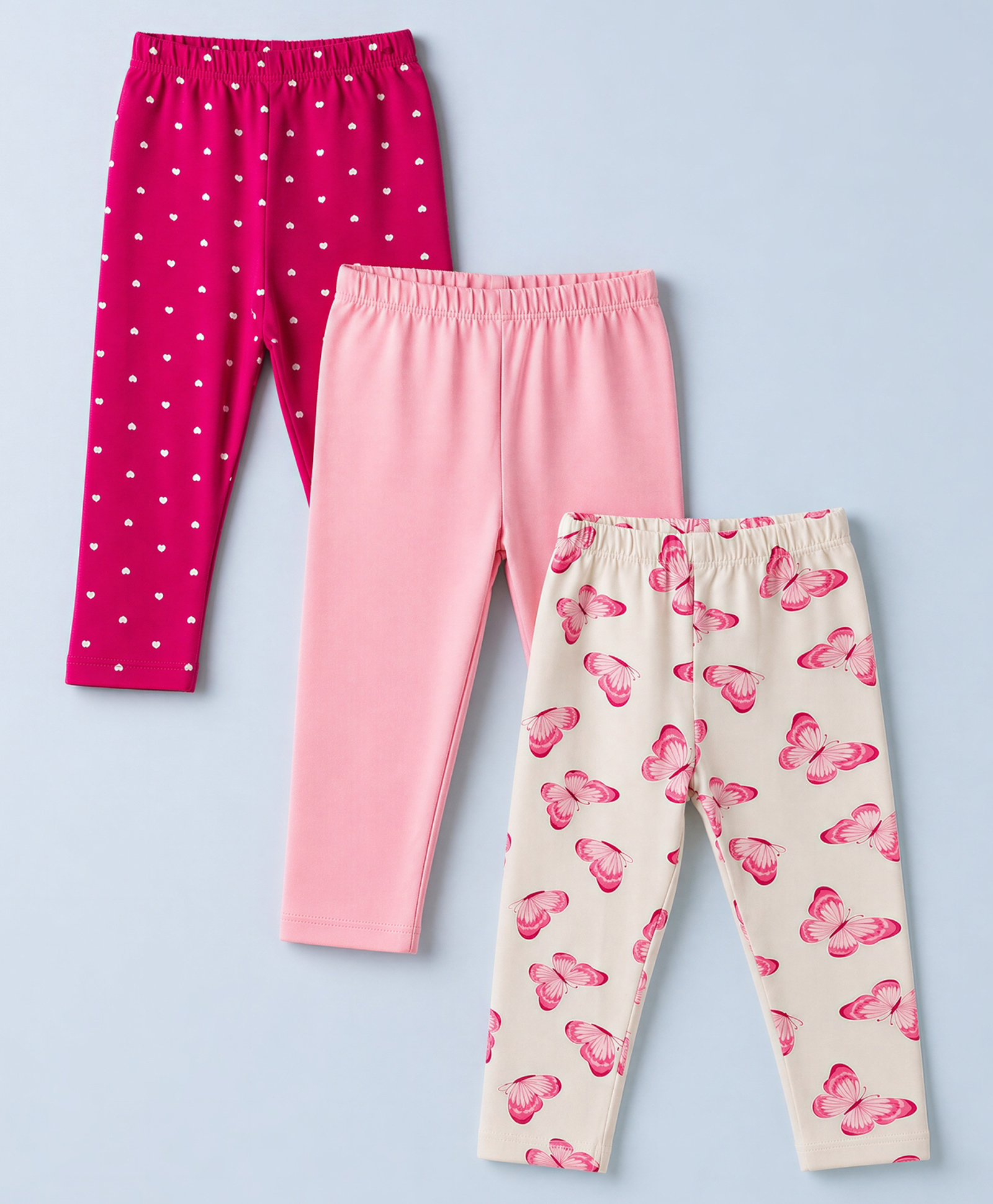 Babyhug Cotton Lycra Knit Full Length Leggings with Hearts & Butterfly Print Pack of 3 - Pink & White-image-15