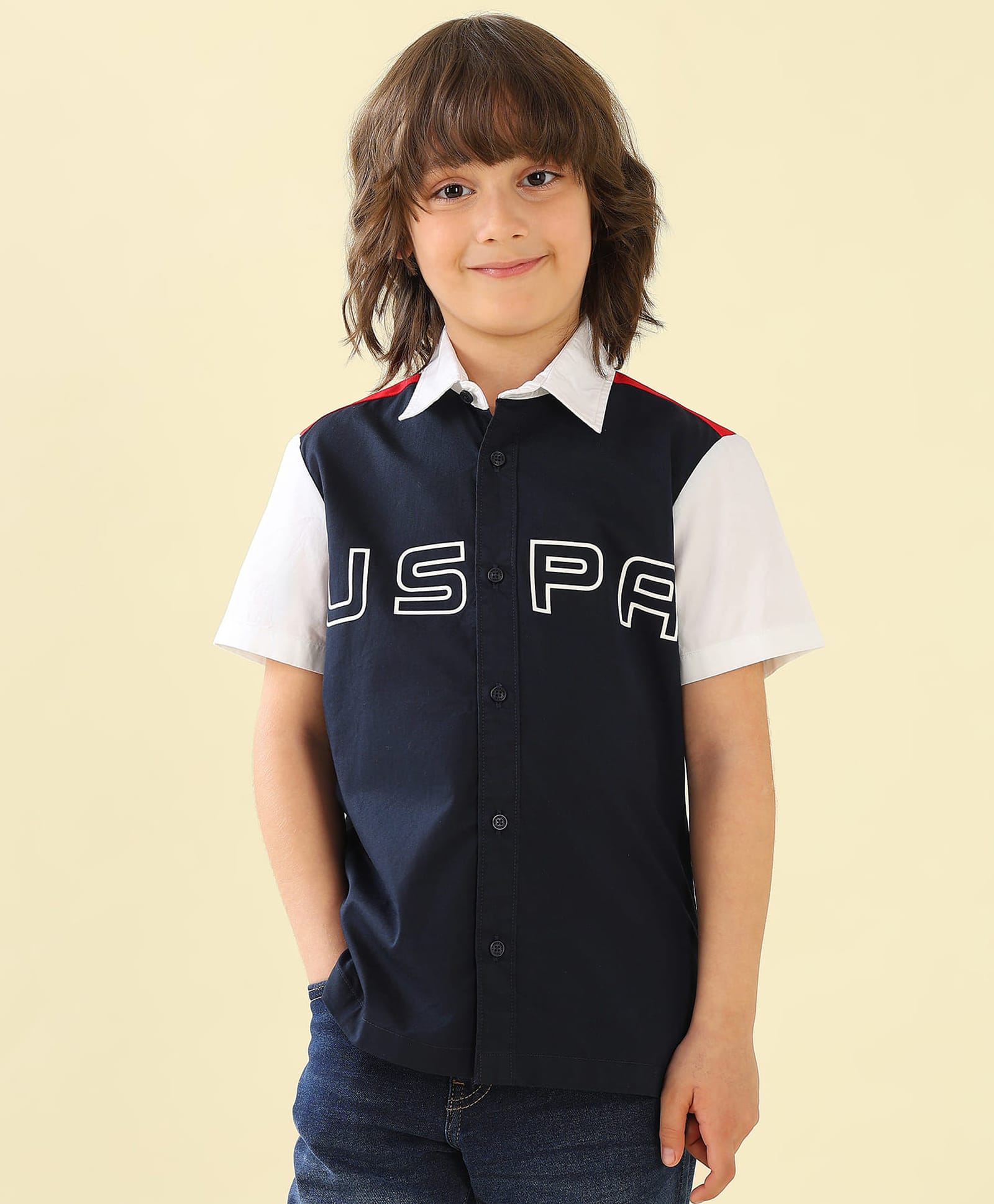 US Polo Assn Cotton Woven Half Sleeves Text Printed Shirt - Navy Blue-image-44