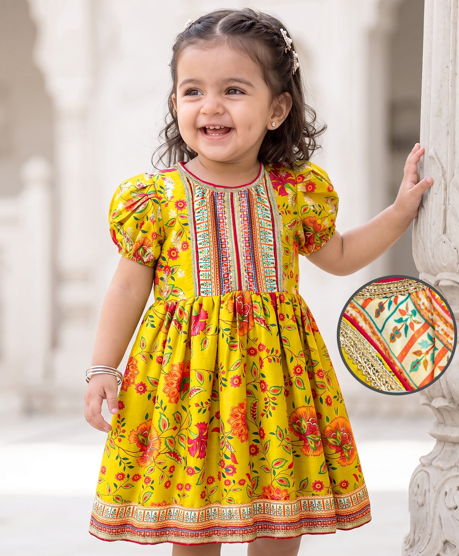 EARTHY TOUCH Woven Half Puffed Sleeves Floral Printed Ethnic Dress - Yellow-image-47