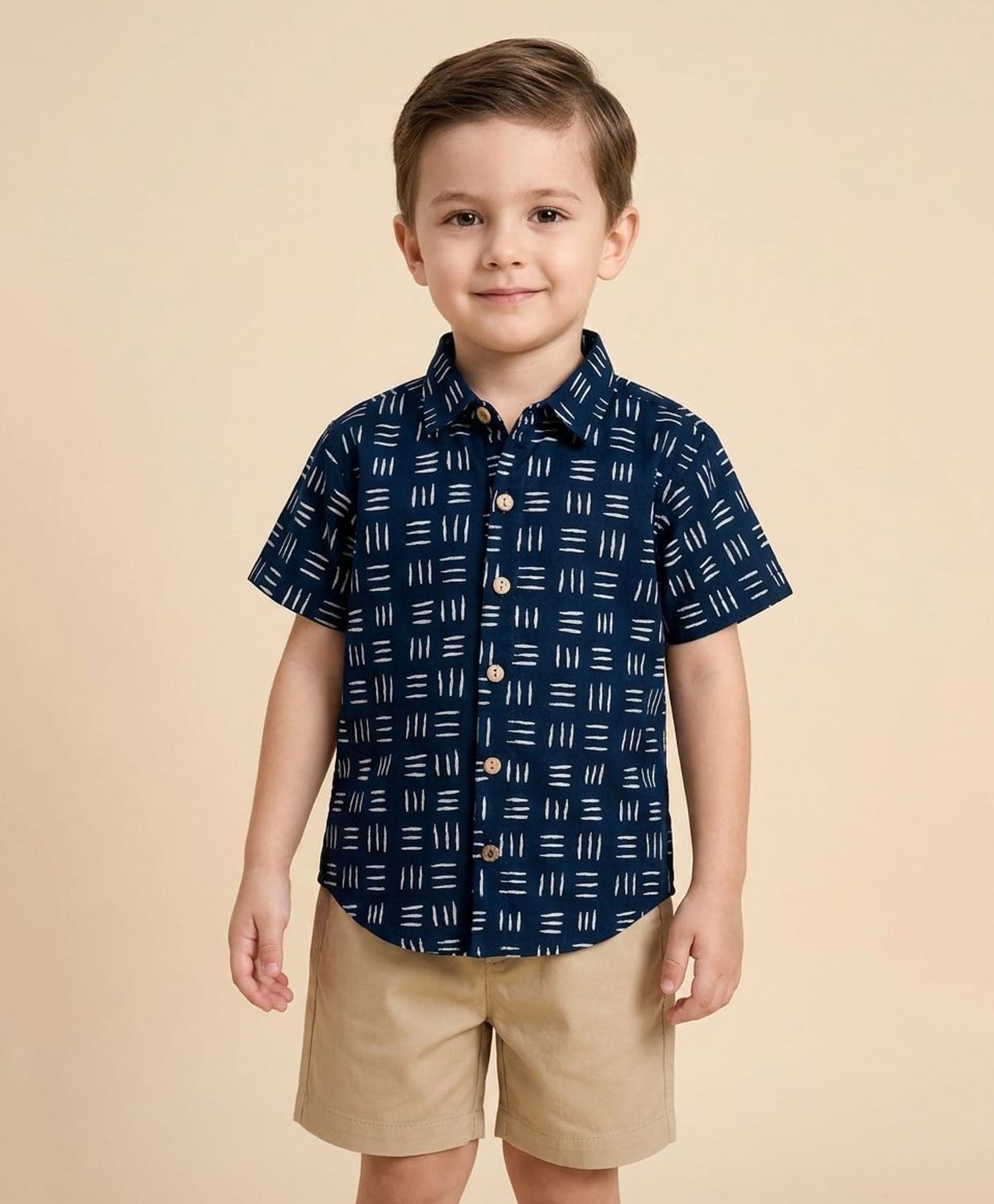 Rikidoos Cotton Woven Half Sleeves Shirt & Shorts Set - Navy Blue & Cream-image-2
